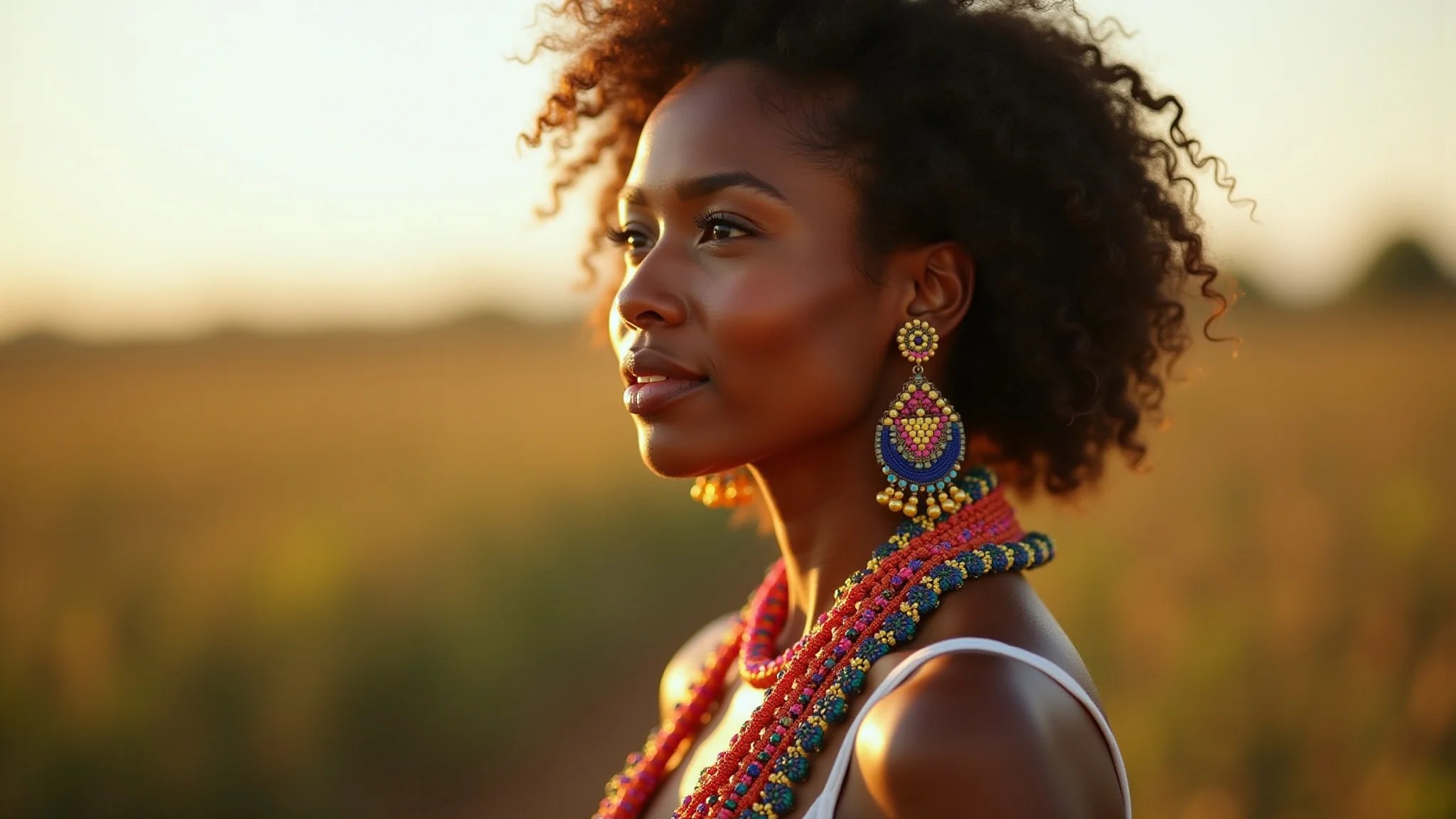 Mulher usando bijuterias coloridas de miçangas, em um cenário de paisagem brasileira.