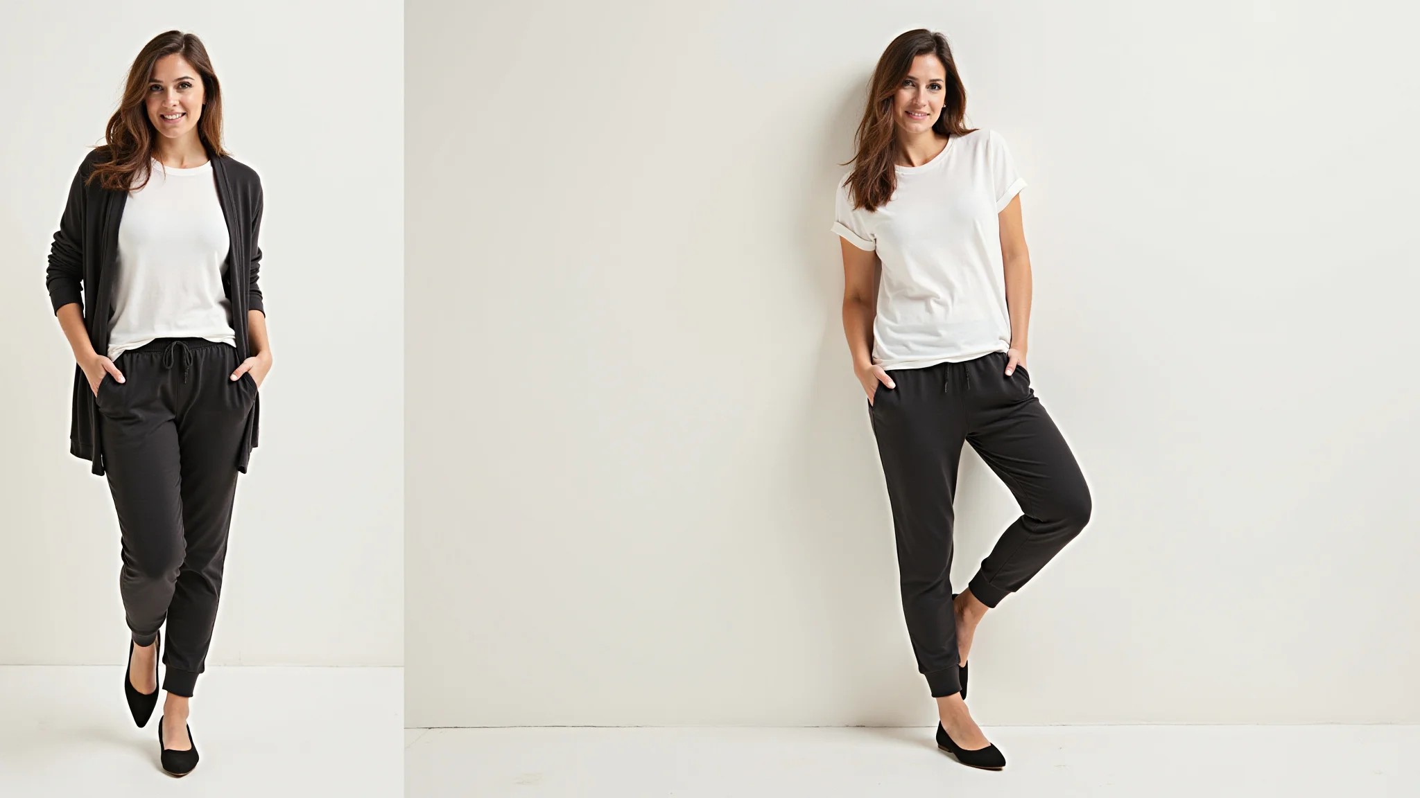 Mulher confortável com calça jogging, camiseta e cardigan para o dia a dia.