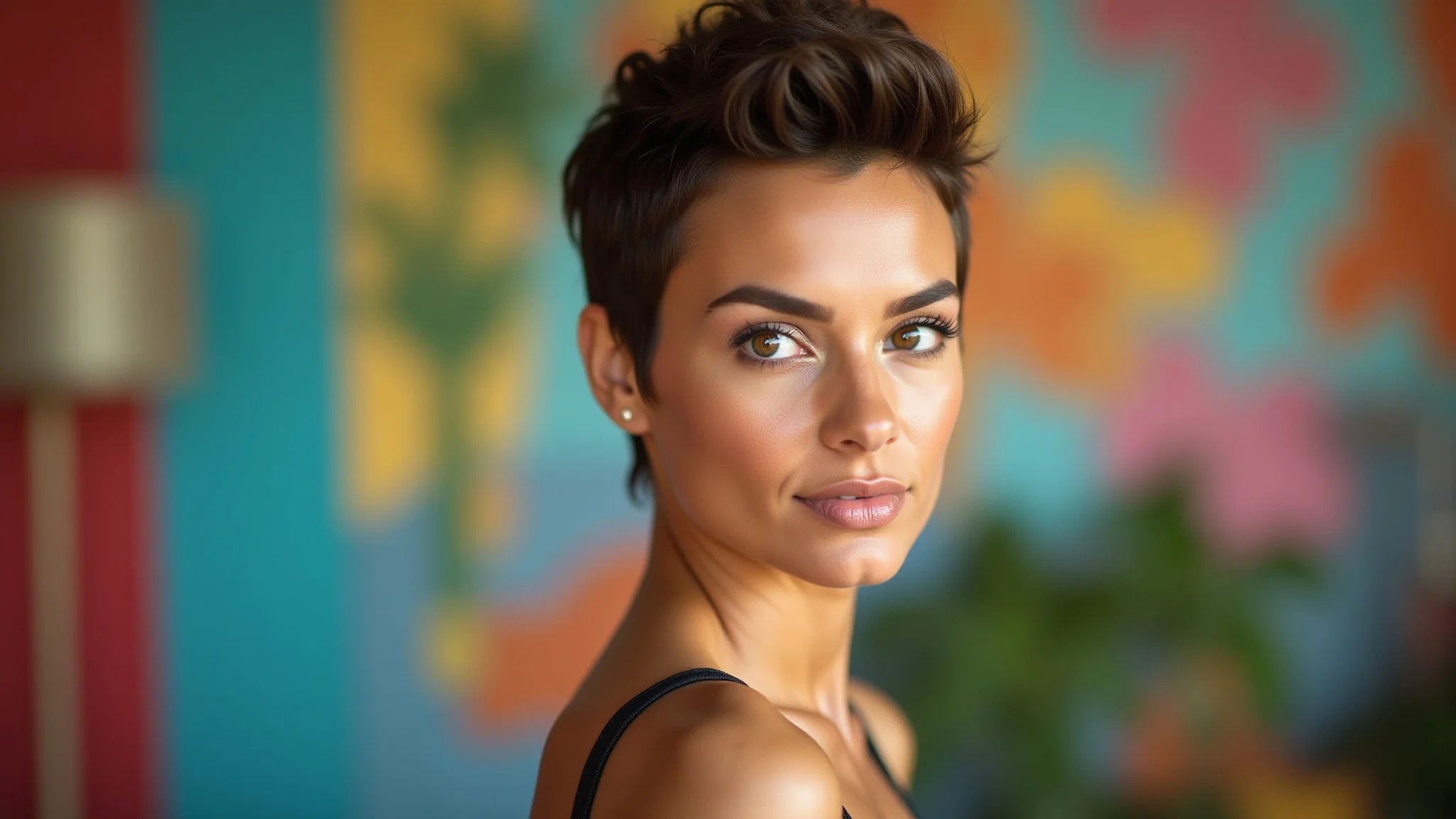 Mulher com corte pixie moderno e estiloso em cenário vibrante.