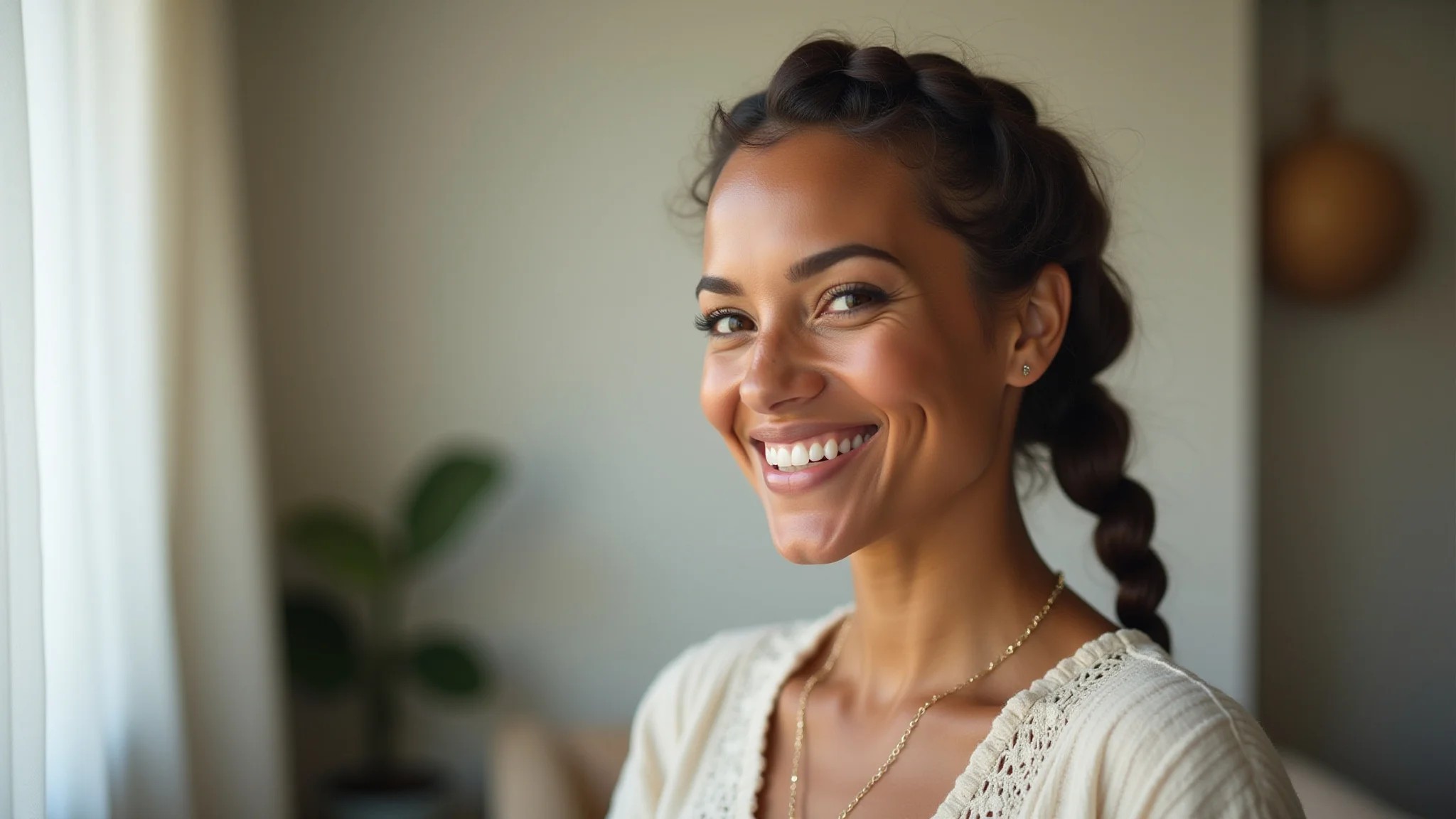 Mulher sorrindo com trança simples de três mechas, estilo brasileiro.