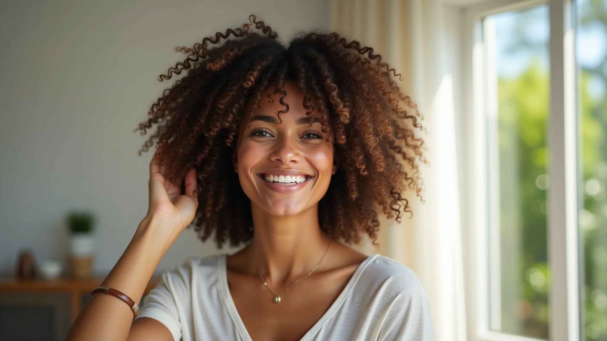 Mulher sorrindo com cachos definidos após usar o difusor.