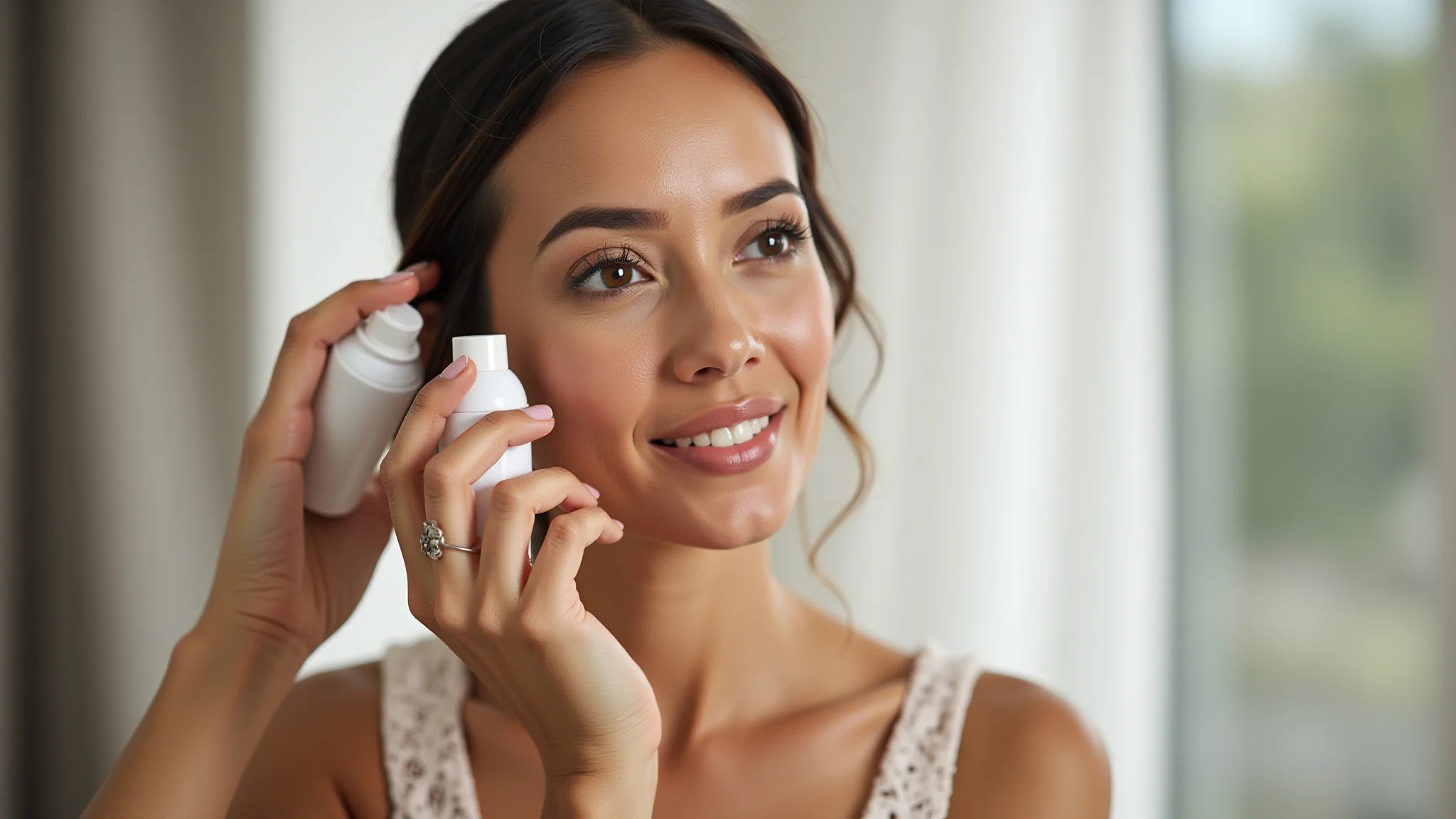 Finalizando a maquiagem com spray fixador para um look iluminado e duradouro.
