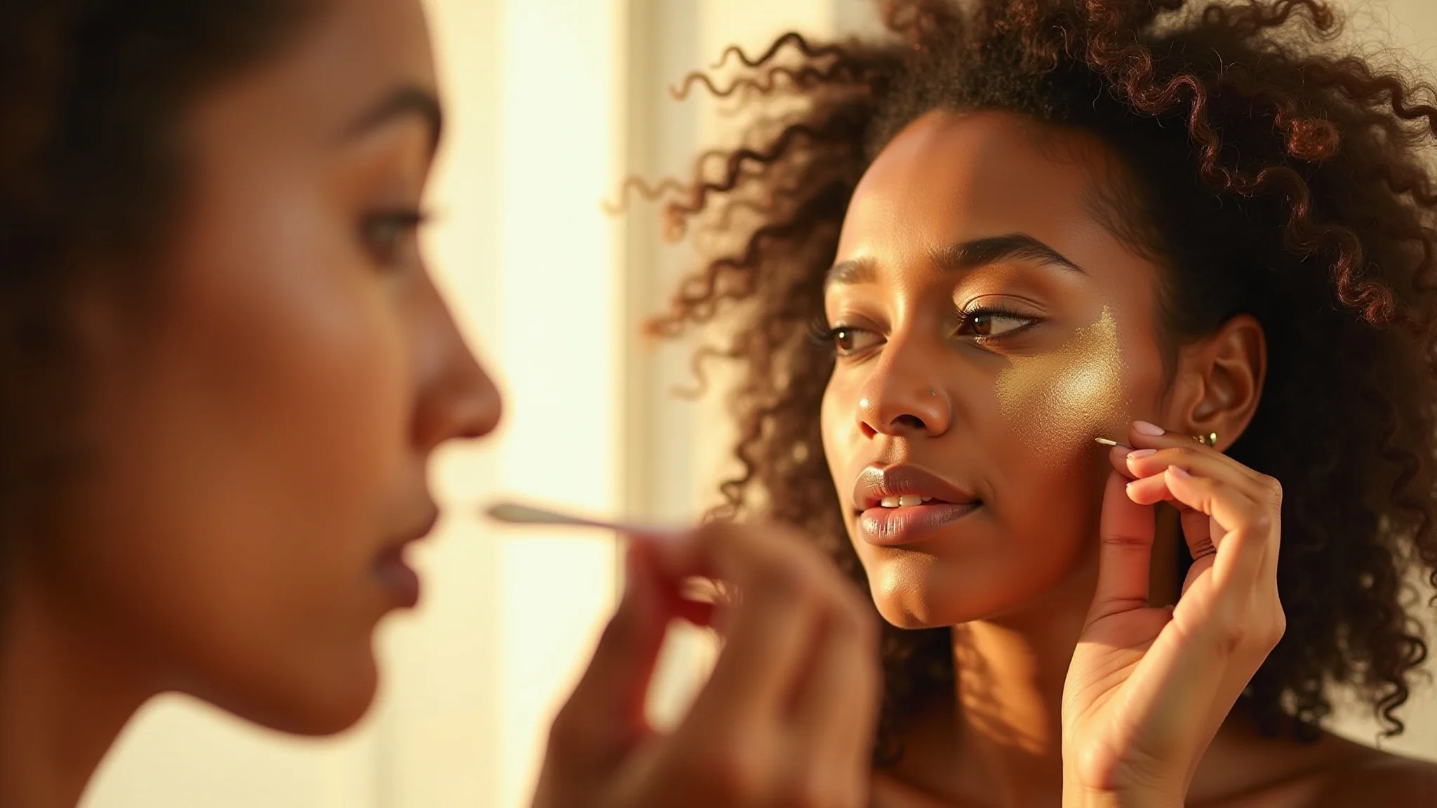 Mulher com pele oliva aplicando iluminador dourado, luz suave, brilho radiante, estilo brasileiro.