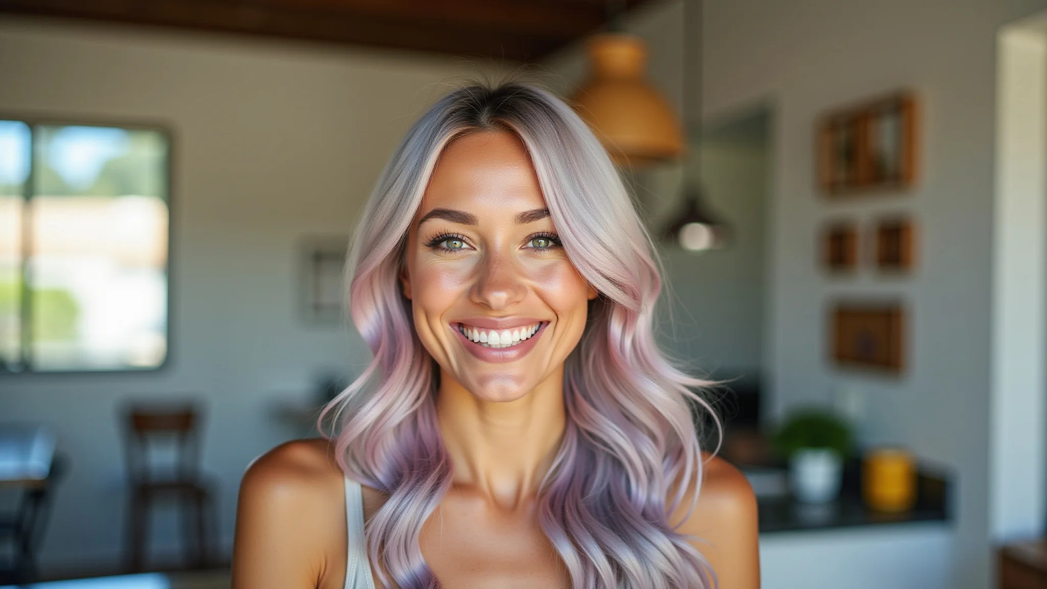 Mulher sorrindo com cabelo em tons pastel e visual moderno.