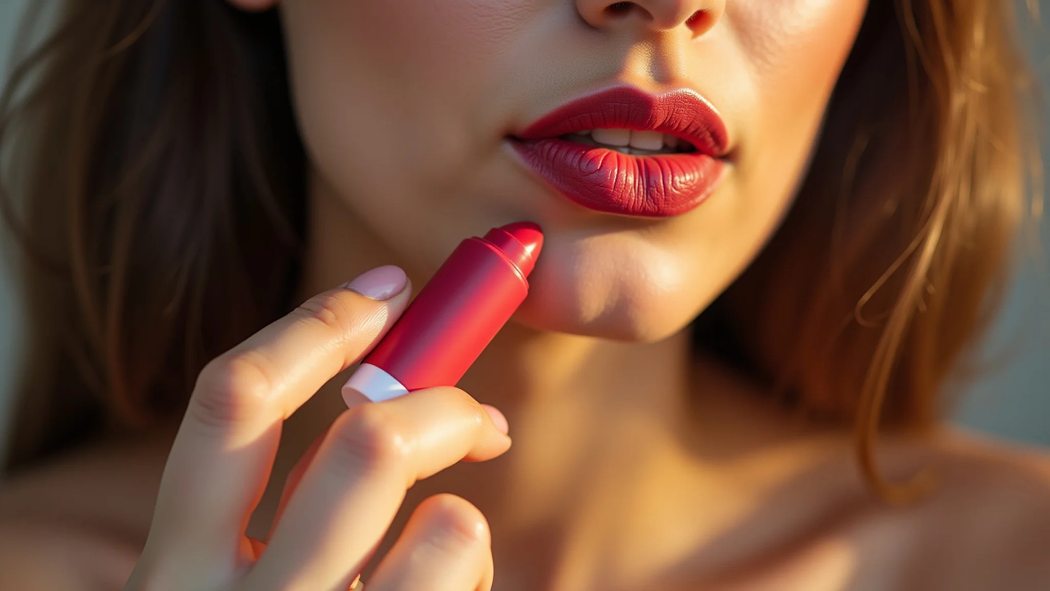 Mulher com batom matte perfeito segurando um hidratante labial.
