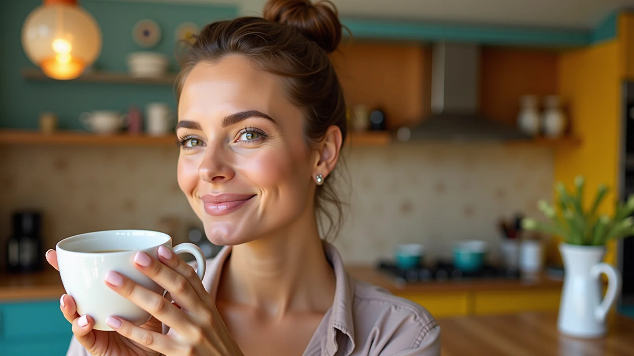 Mulher com unhas de gel impecáveis tomando café em cozinha vibrante.