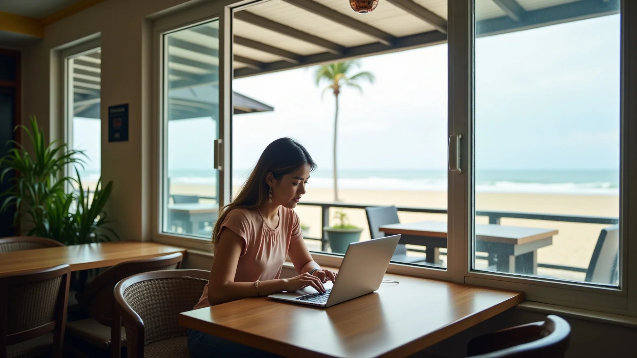 Nômade digital trabalhando em Florianópolis, com vista para a praia.