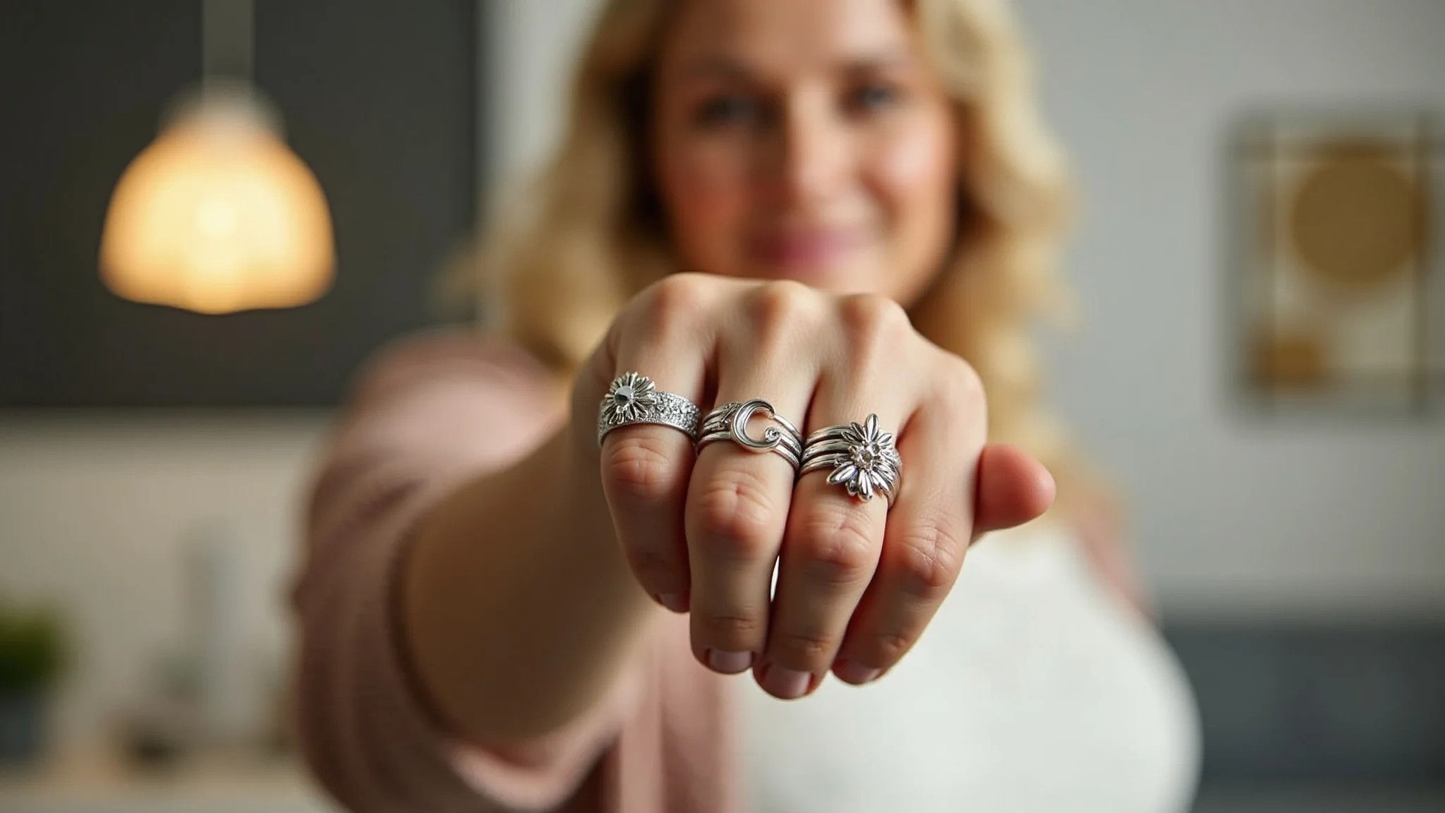 Mão de mulher exibindo anéis com símbolos e letras, tendência de joias personalizadas.