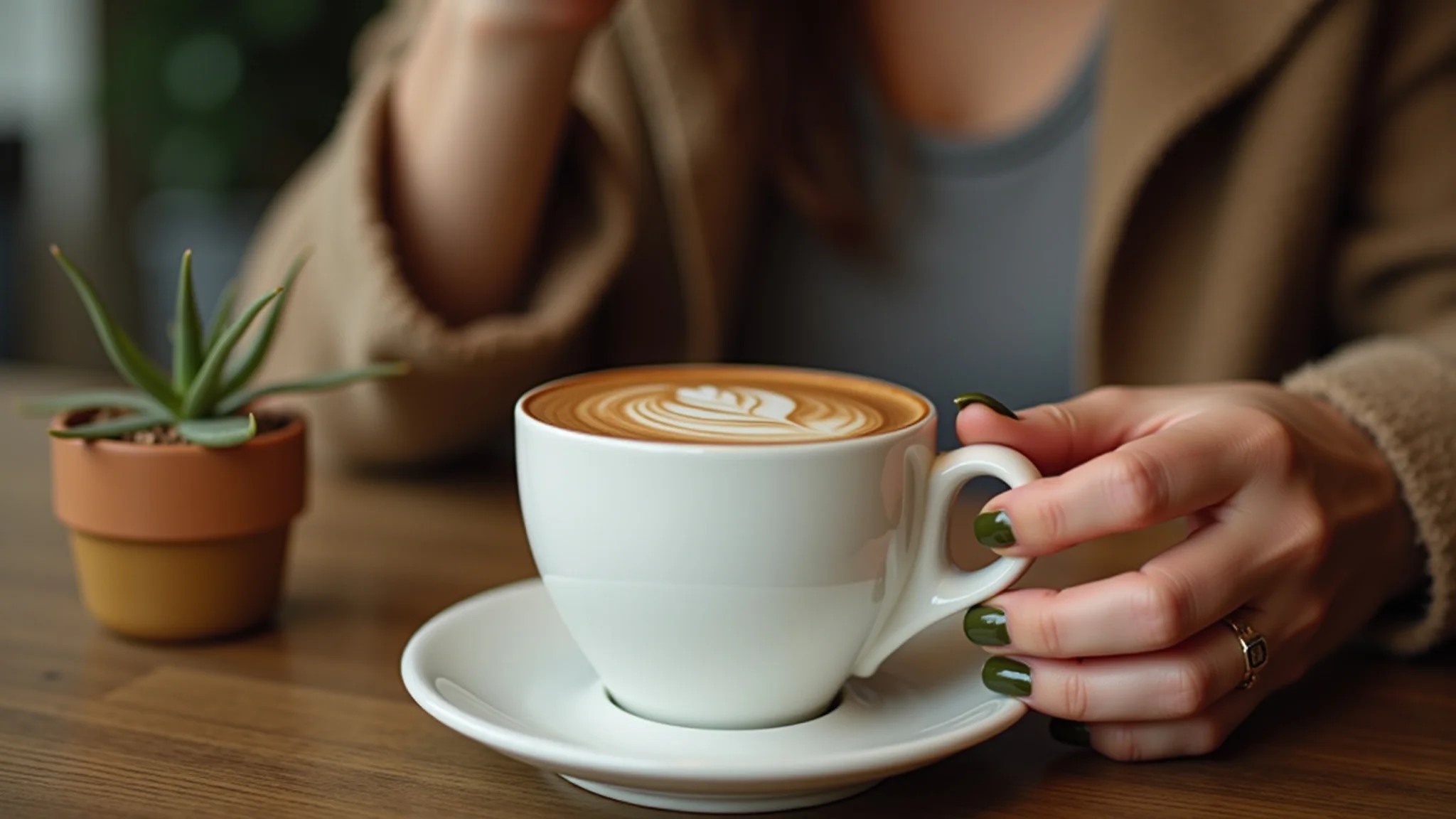 Mão com esmalte verde oliva segurando xícara de café em café brasileiro.