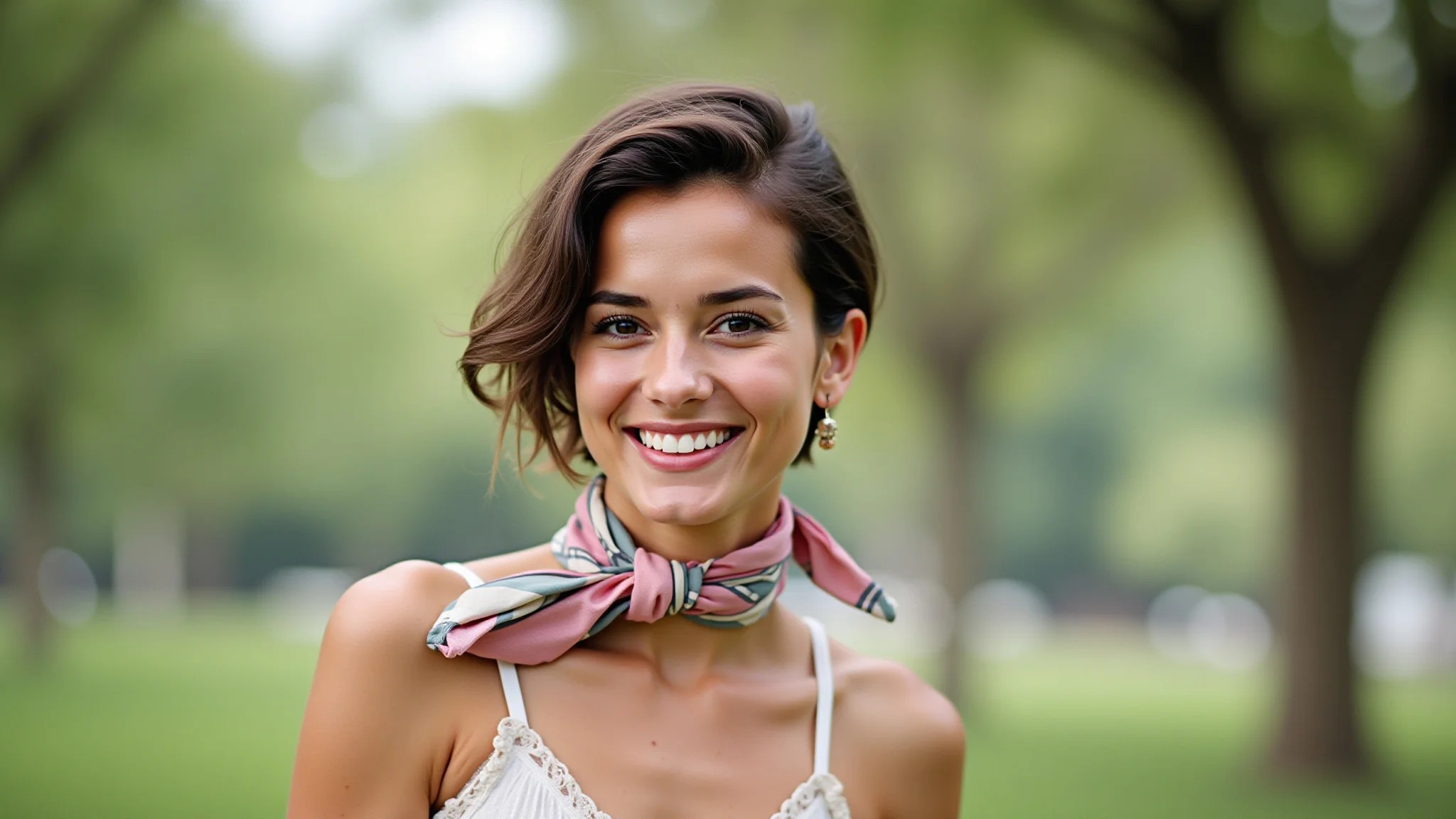 Jovem adulta brasileira com lenço de seda amarrado na lateral do cabelo, look divertido.