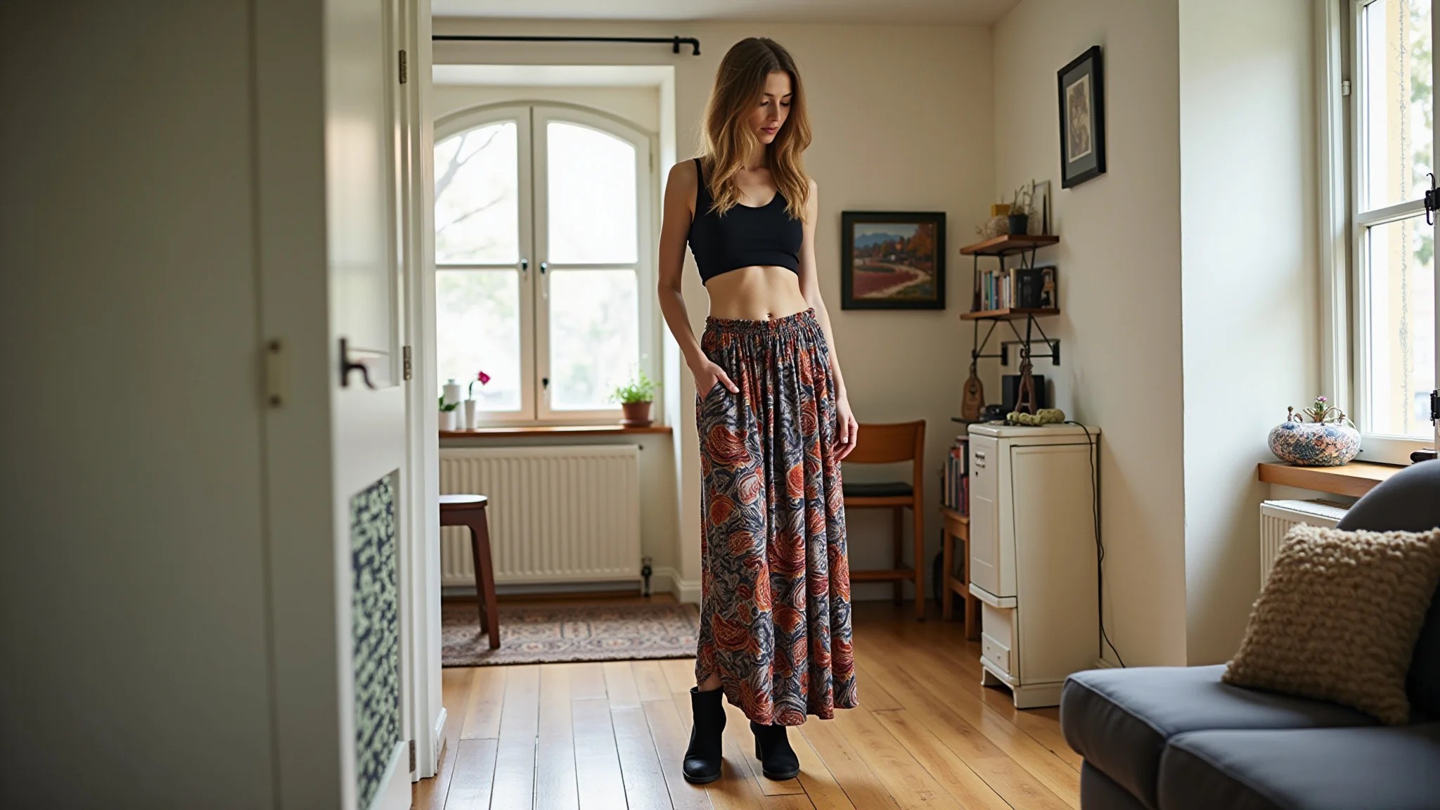 Jovem adulta com saia longa estampada abstrata, top cropped preto e botas em apartamento boho.