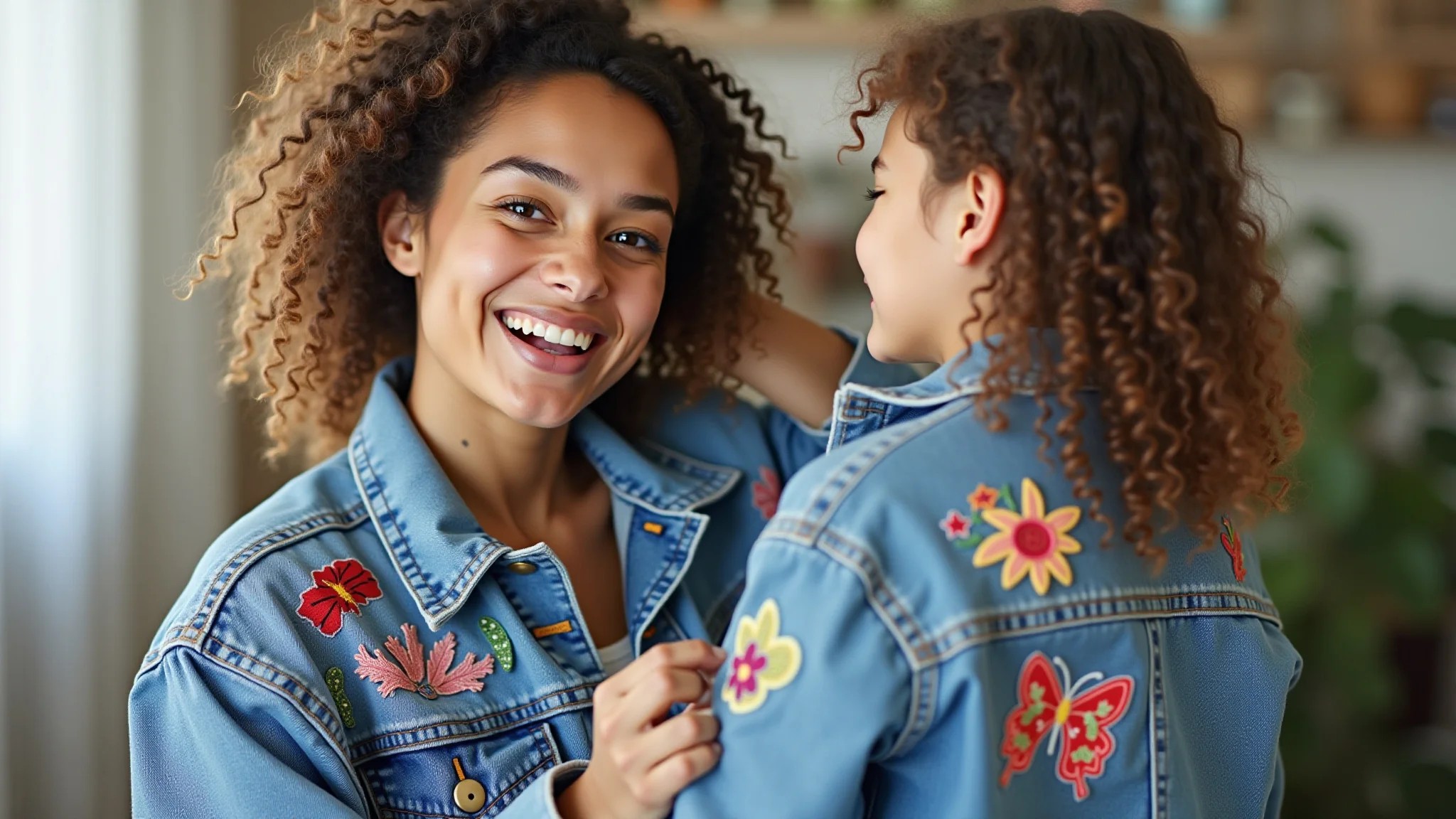 Jovem brasileira customizando jaqueta jeans com patches e bordados coloridos.