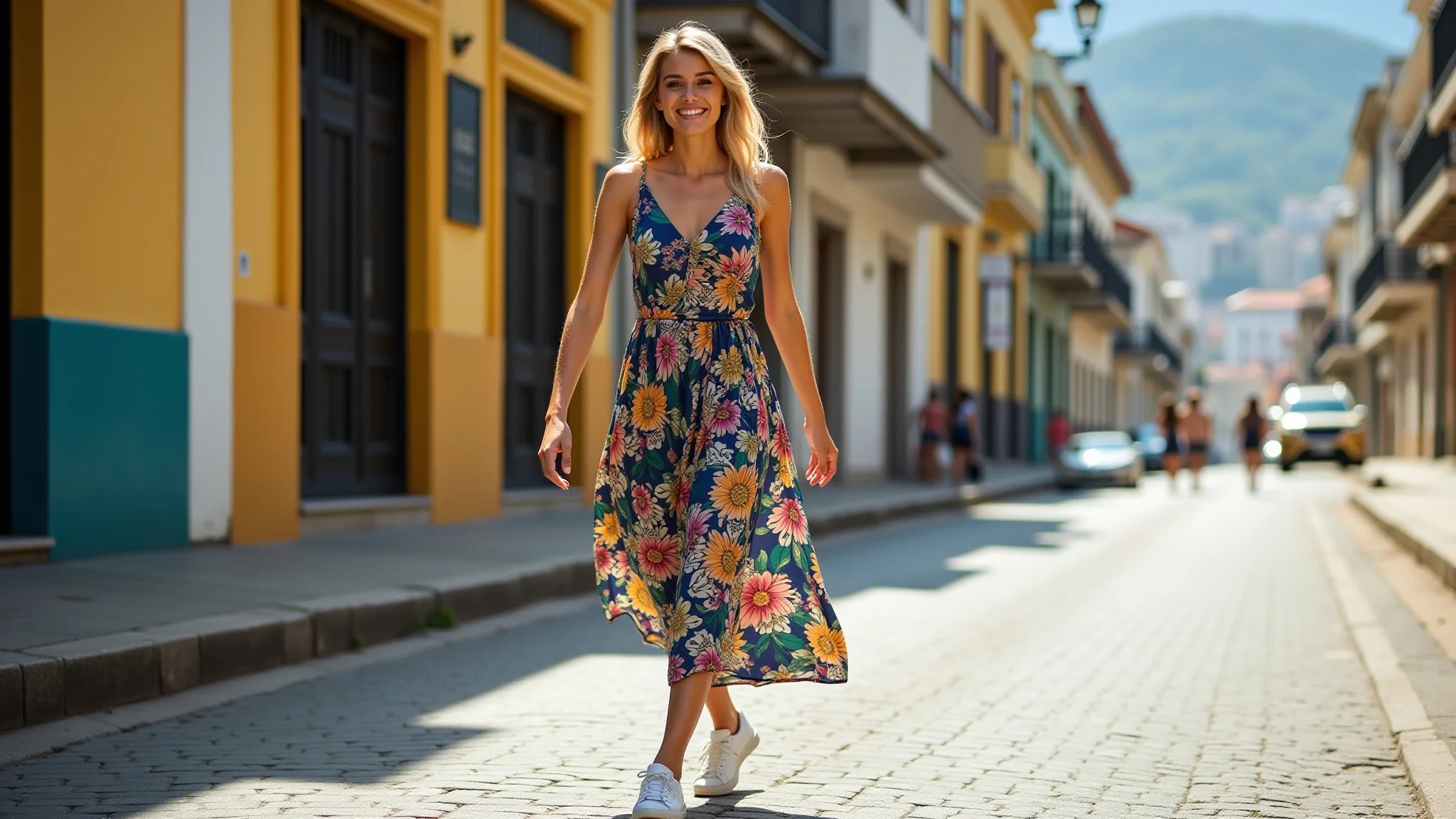 Mulher jovem brasileira com vestido midi floral e tênis branco andando em rua ensolarada no Rio.