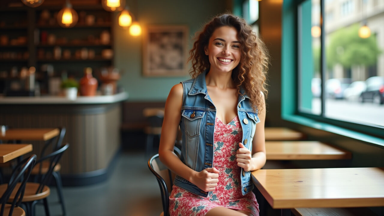 Mulher com vestido floral e colete jeans curto em café.