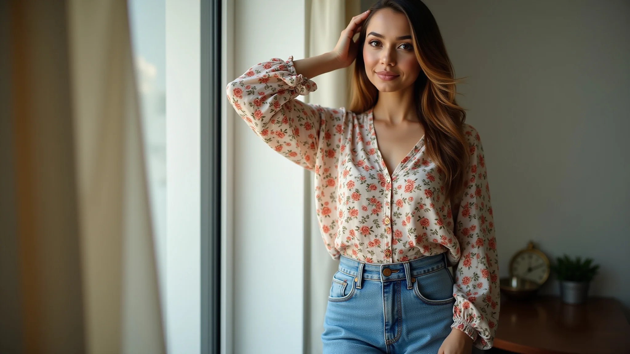 Mulher brasileira jovem combinando blusa floral vintage com jeans moderno de cintura alta.