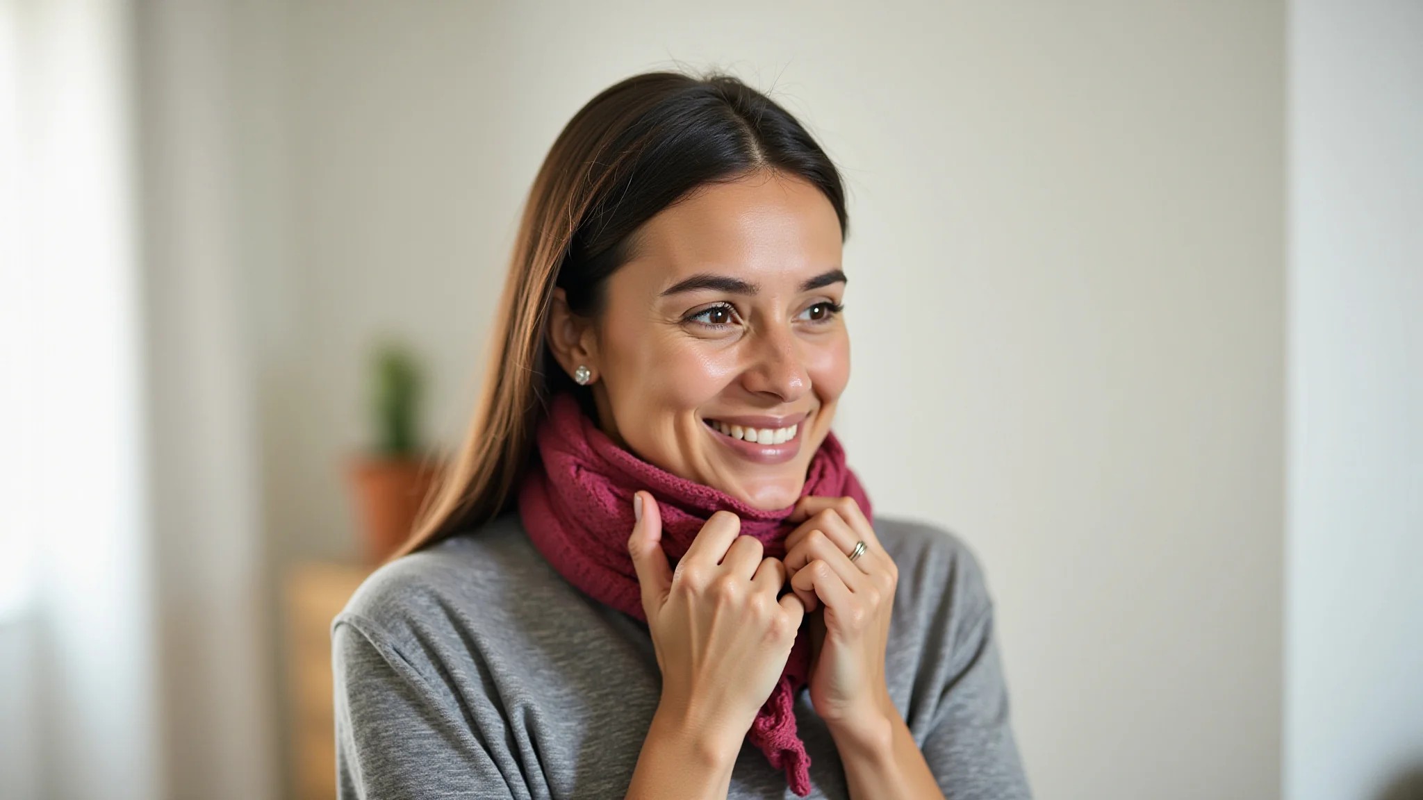 Mulher jovem brasileira ensinando nó frontal simples em cachecol, luz natural.