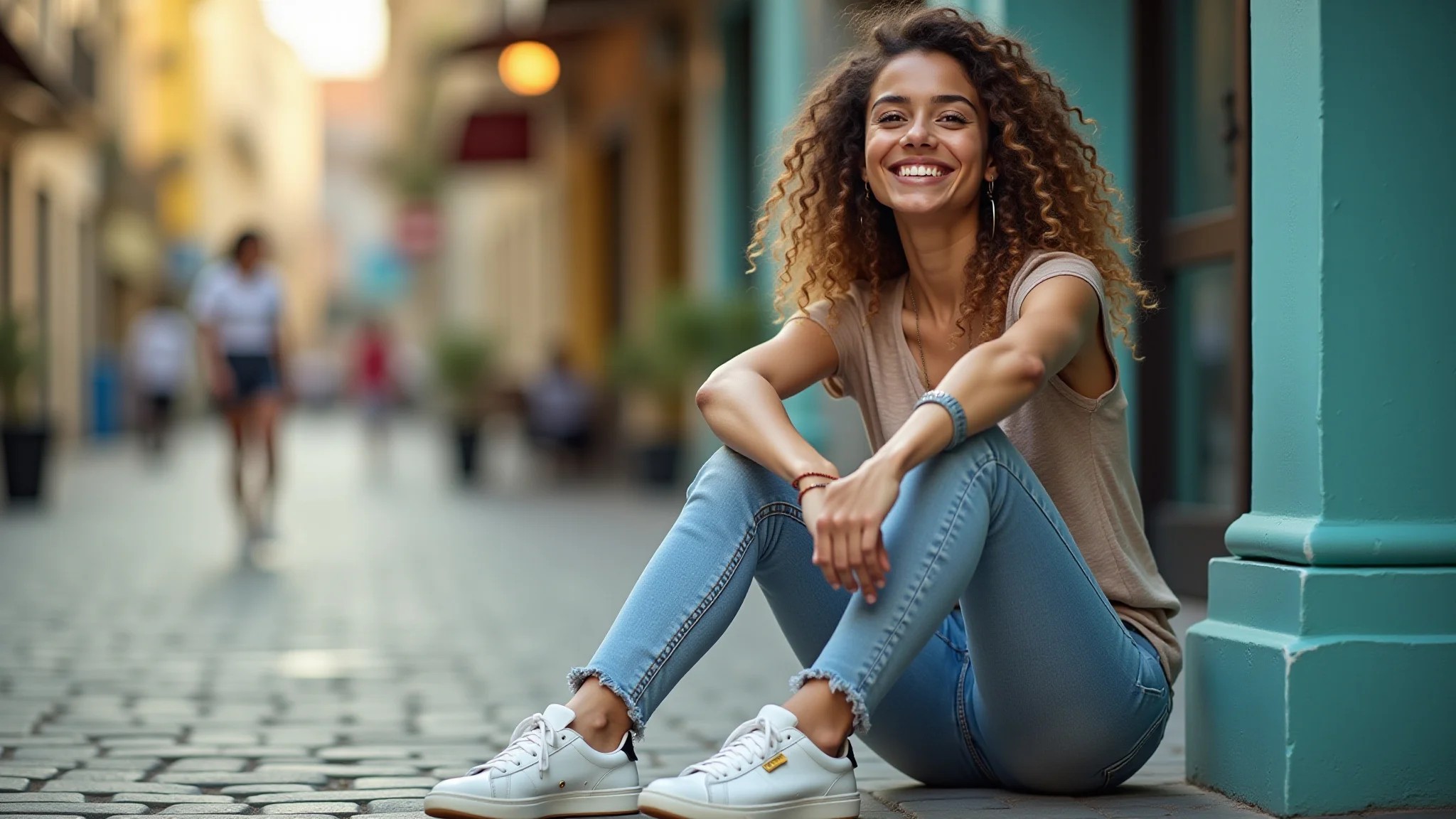 Mulher jovem e sorridente usando tênis estilosos com jeans e blusa casual em cenário urbano vibrante.
