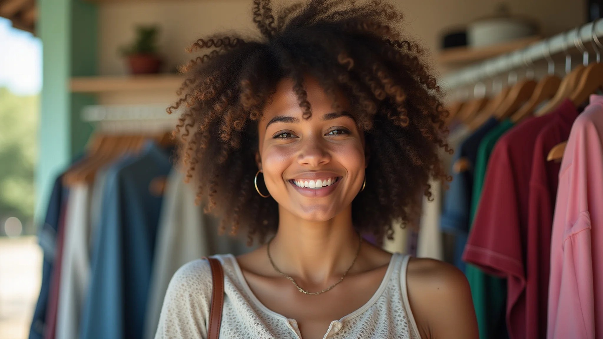 Mulher jovem e sorridente vestindo roupas estilosas de brechó.