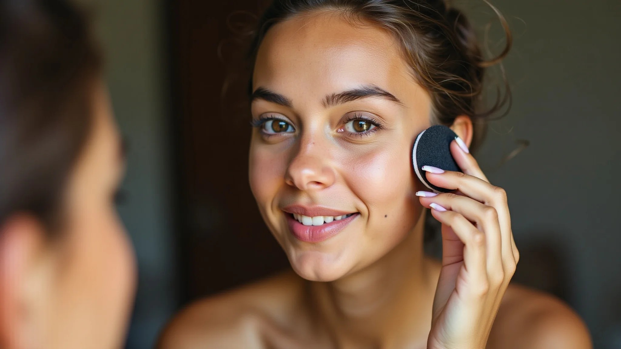 Mulher brasileira aplicando base matte para pele oleosa.