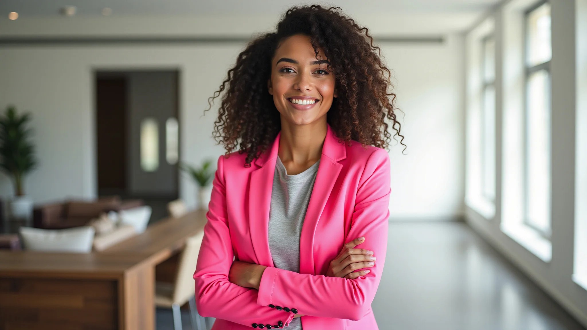 Mulher brasileira jovem usando blazer rosa neon com roupas neutras, look moderno e equilibrado.