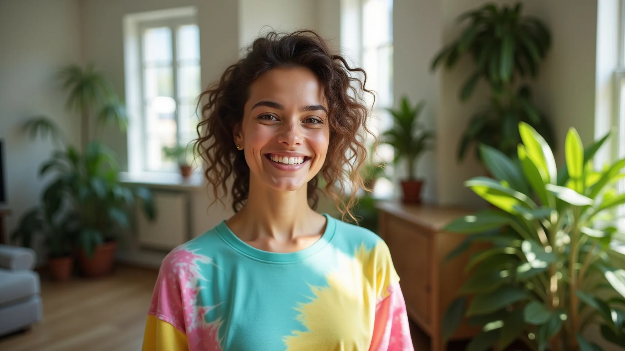 Mulher jovem brasileira sorrindo, vestindo camiseta tie-dye colorida em apartamento ensolarado.