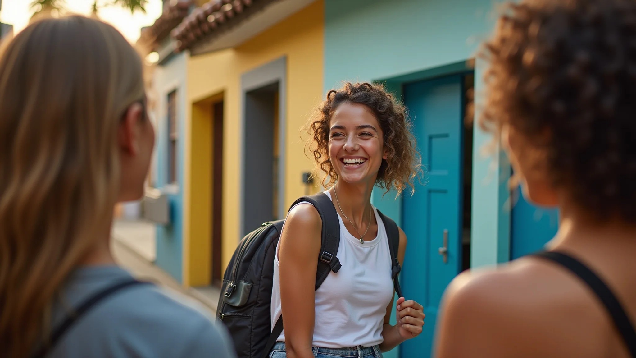 Jovem brasileira sorrindo e conhecendo viajantes em hostel vibrante no Rio de Janeiro.