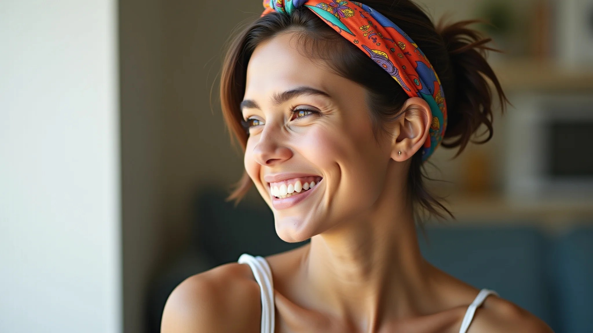 Mulher jovem brasileira de cabelo curto usando lenço de seda colorido como tiara, sorrindo.