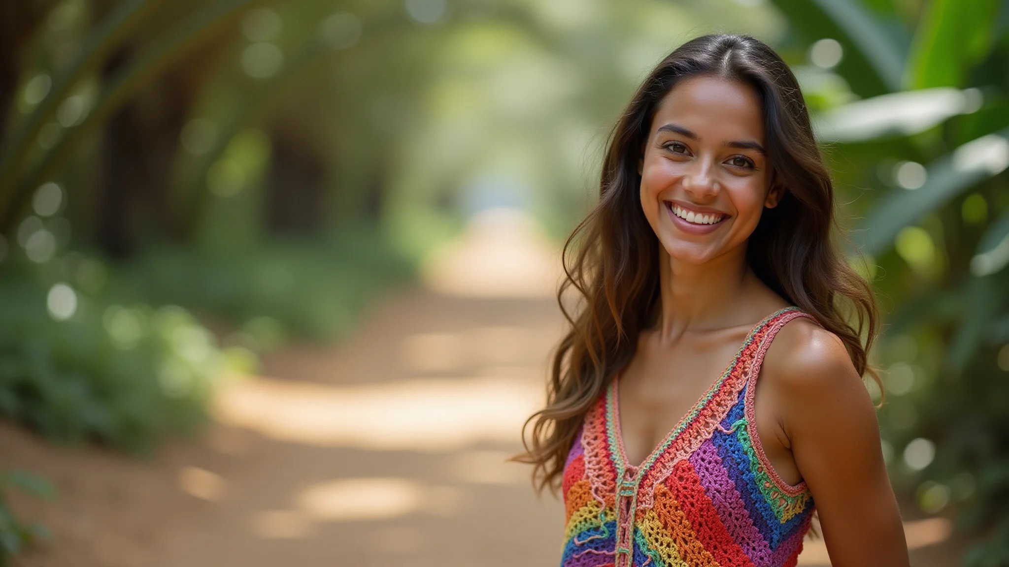 Jovem brasileira sorrindo, usando top de crochê colorido em cenário vibrante.