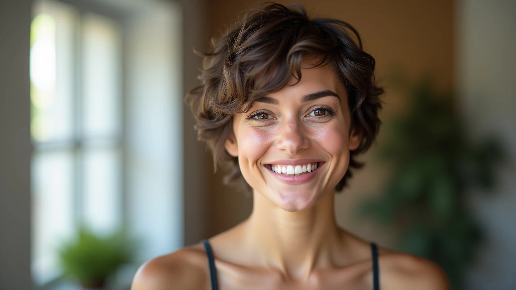 Mulher brasileira jovem com cabelo curto e ondulado, corte pixie com franja lateral, sorrindo.