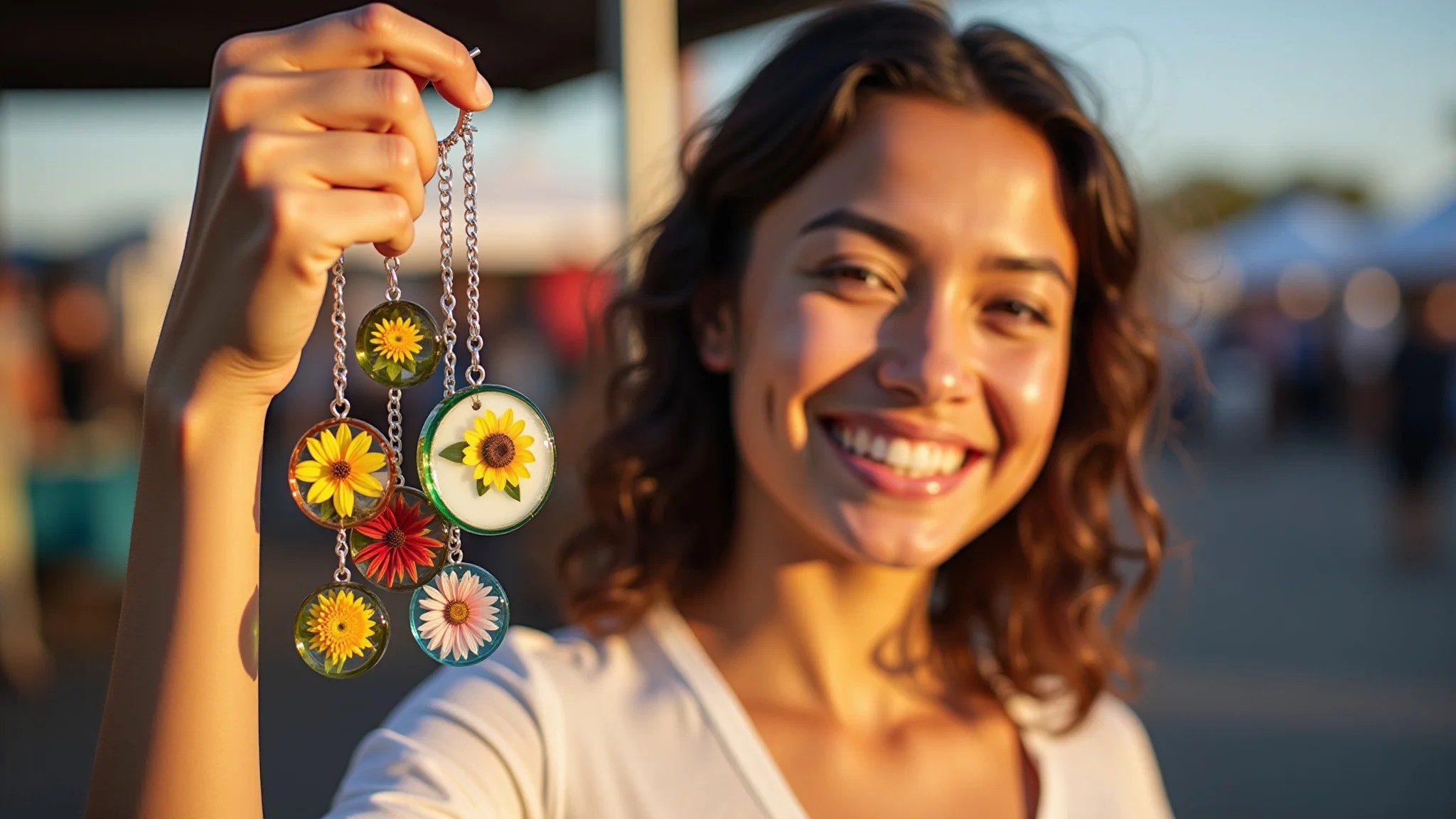 Jovem brasileira sorrindo, mostrando chaveiros de resina com flores em feira de artesanato.