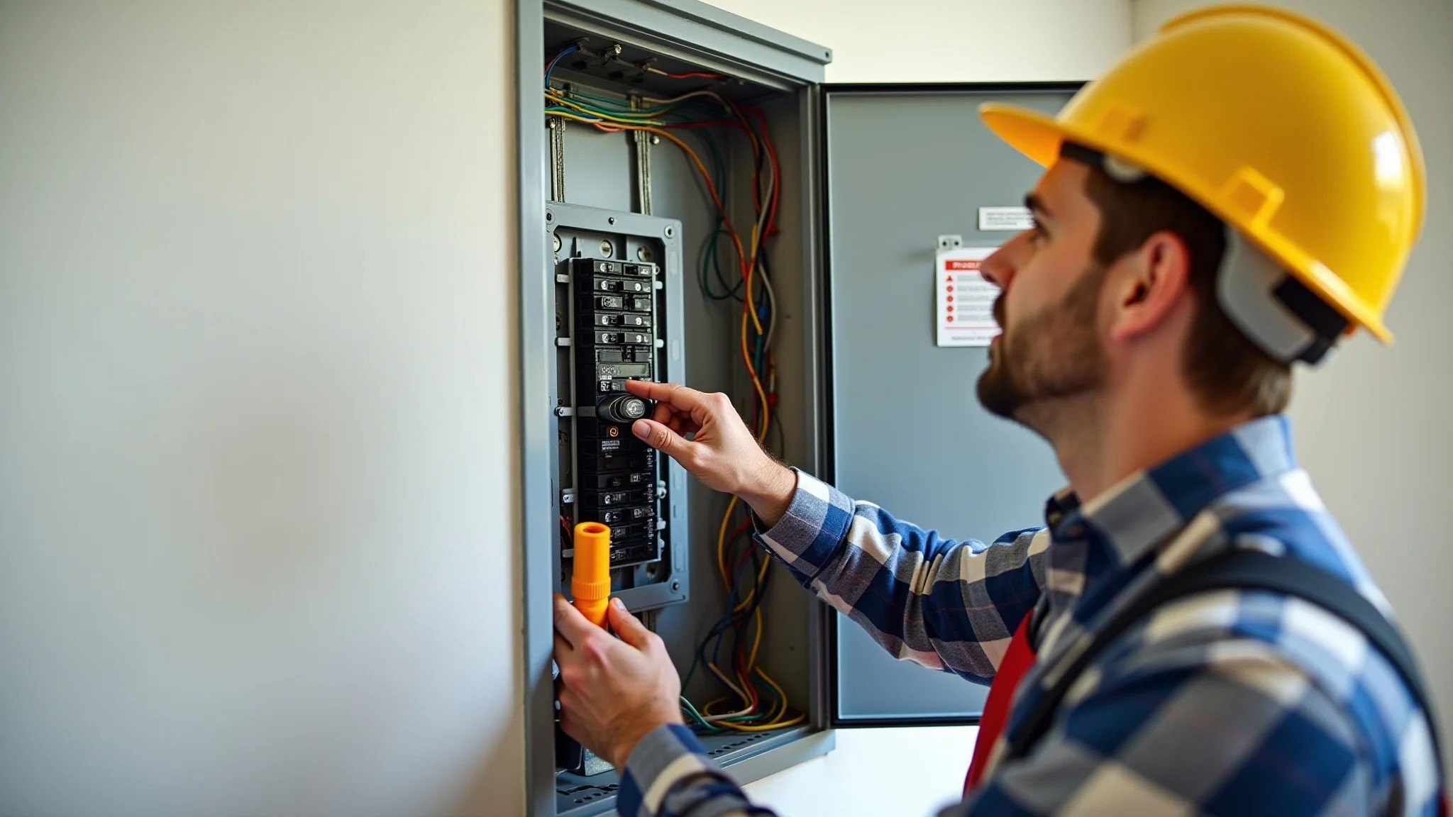 Eletricista inspecionando fiação elétrica dentro de caixa de disjuntores residencial.