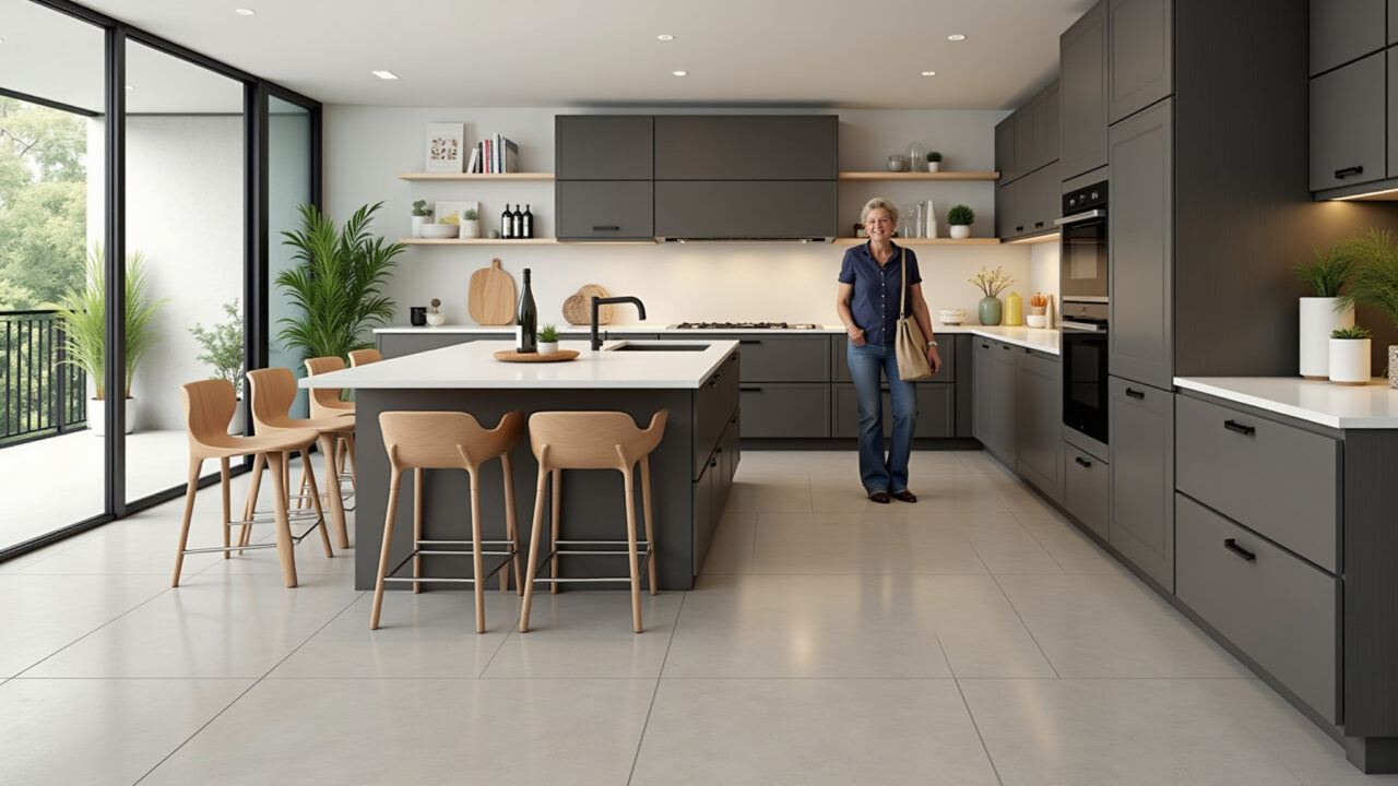 Cozinha elegante com porcelanato acetinado e mulher caminhando.