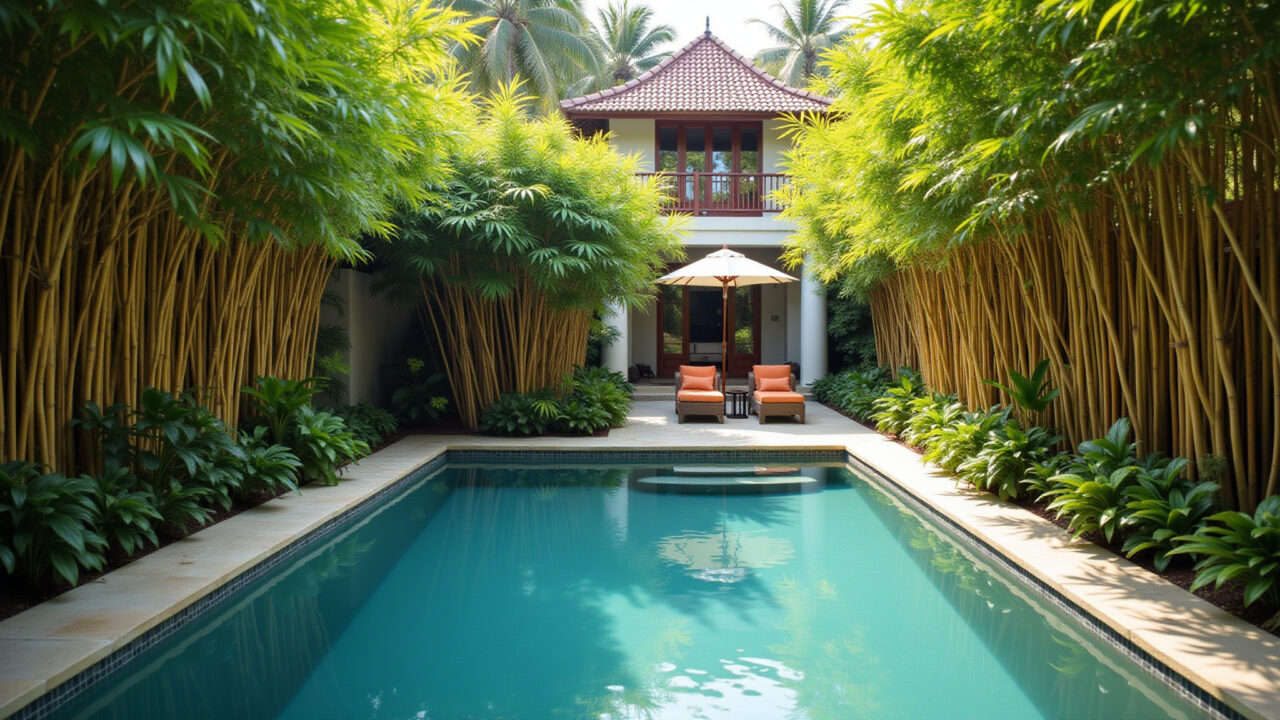 Bambus elegantes proporcionando privacidade em um jardim tropical com piscina.