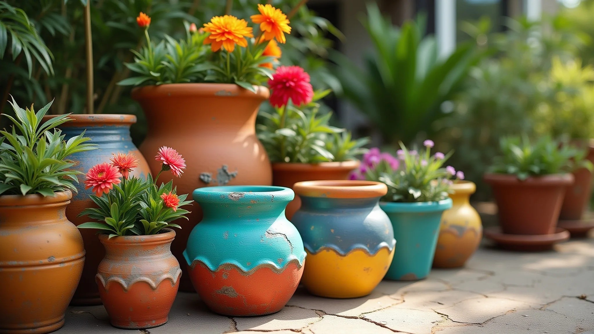 Vasos de cimento pintados em jardim brasileiro, flores vibrantes.