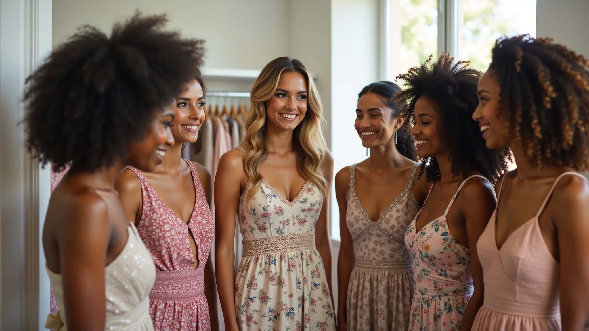 Mulheres diversas escolhendo vestidos estampados para casamento em boutique brasileira.