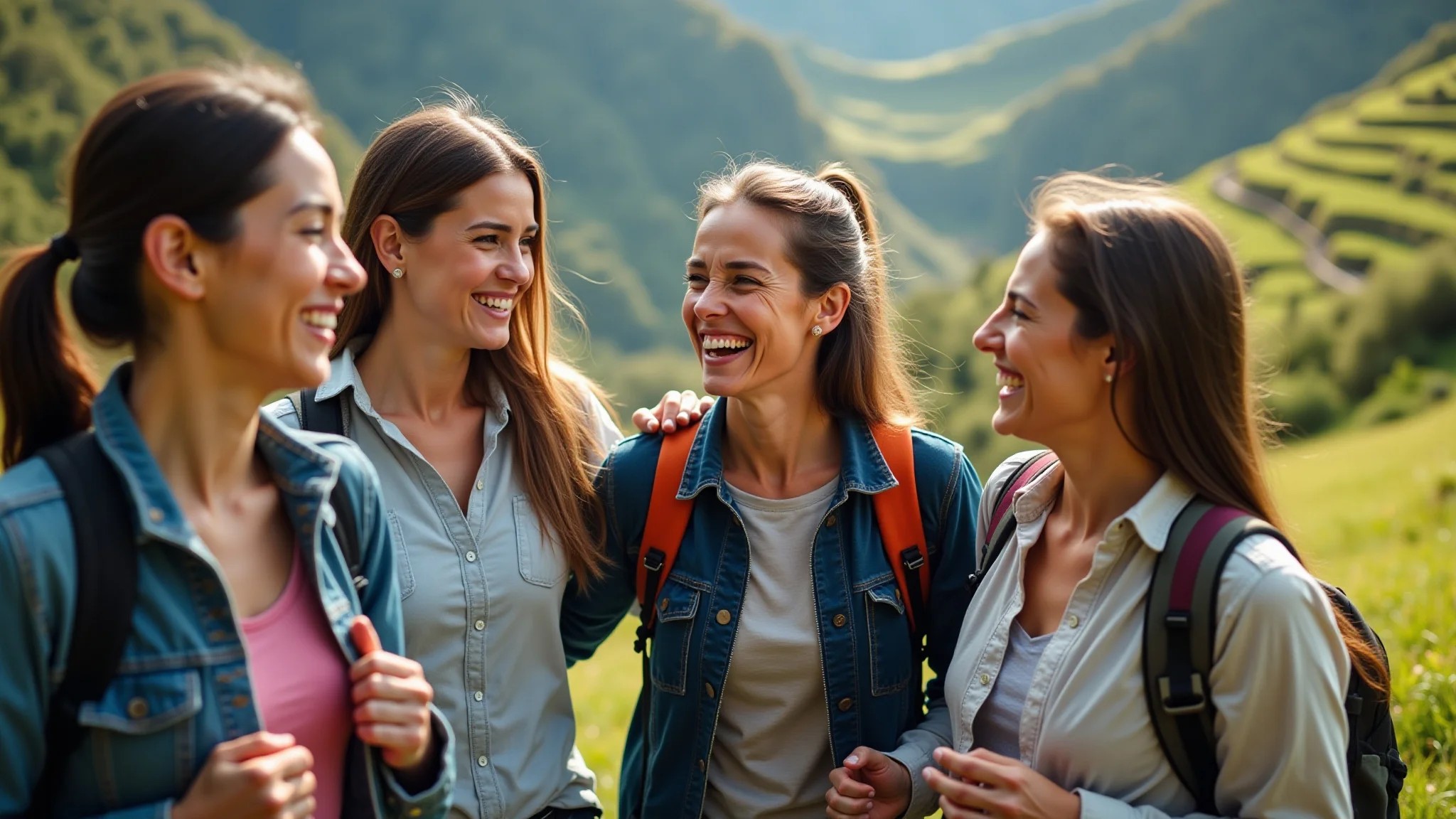 Grupo diverso de mulheres trilhando a Trilha Inca, união e paisagens exuberantes.