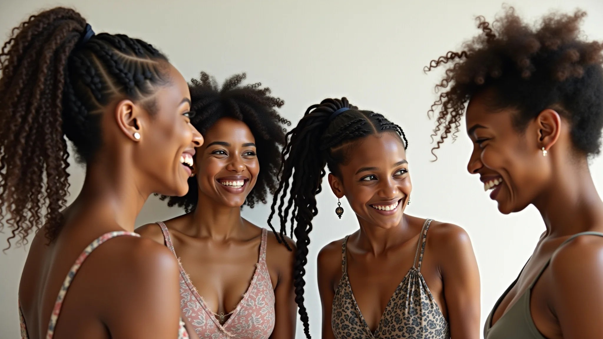 Grupo diverso de mulheres com tranças nagô cacheadas rindo juntas.