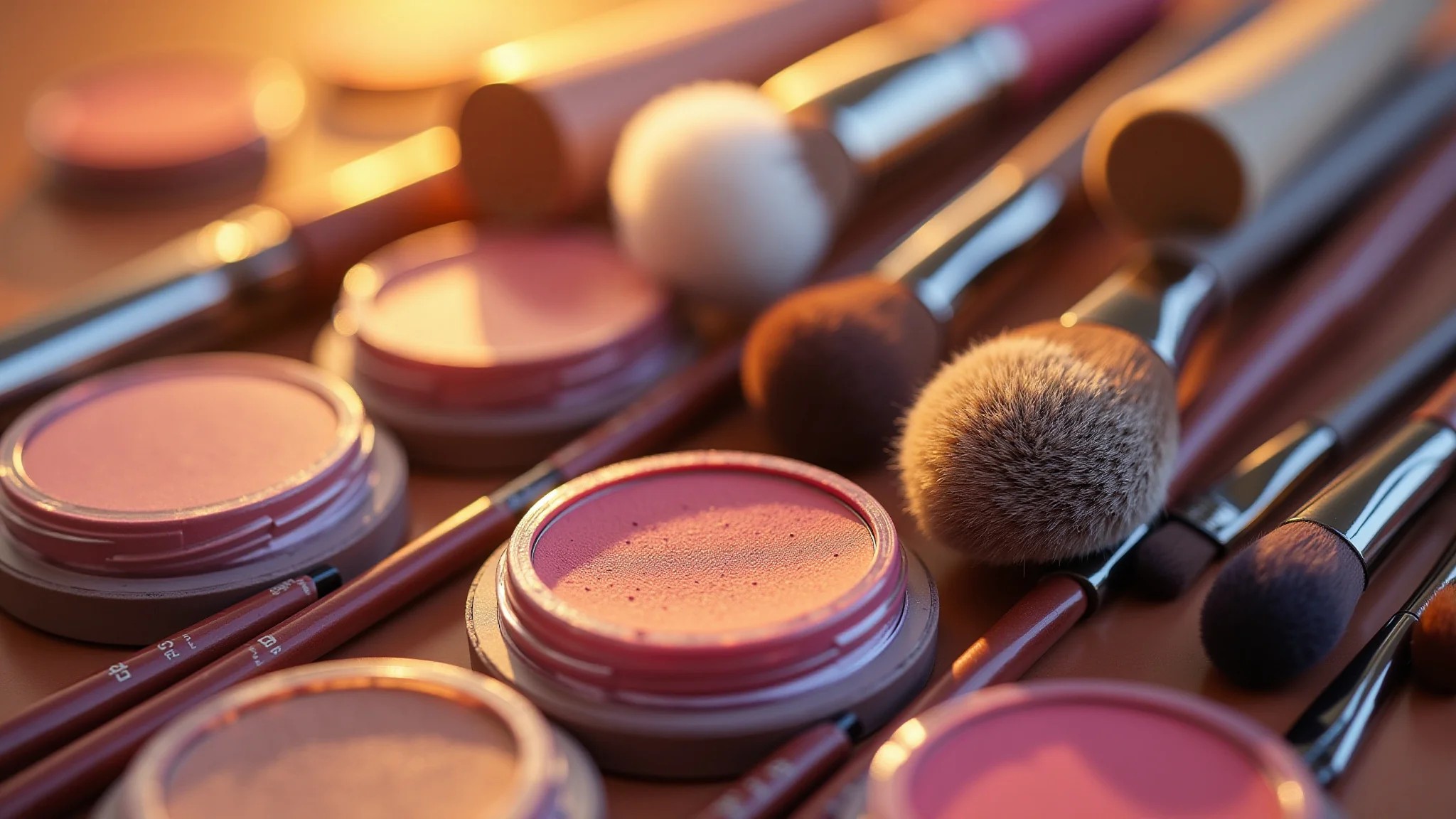 Variedade de pincéis de maquiagem e blushes em tons vibrantes, estilo brasileiro.