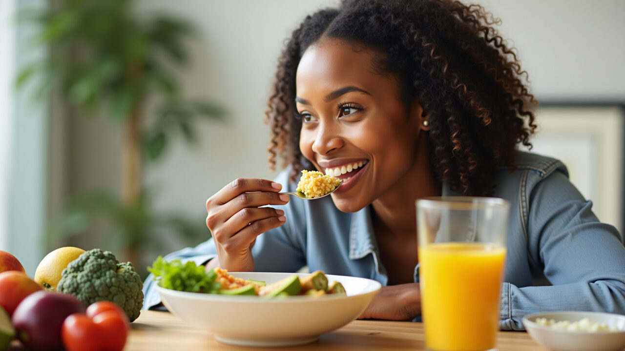 Mulher comendo uma refeição balanceada para a saúde do cabelo.