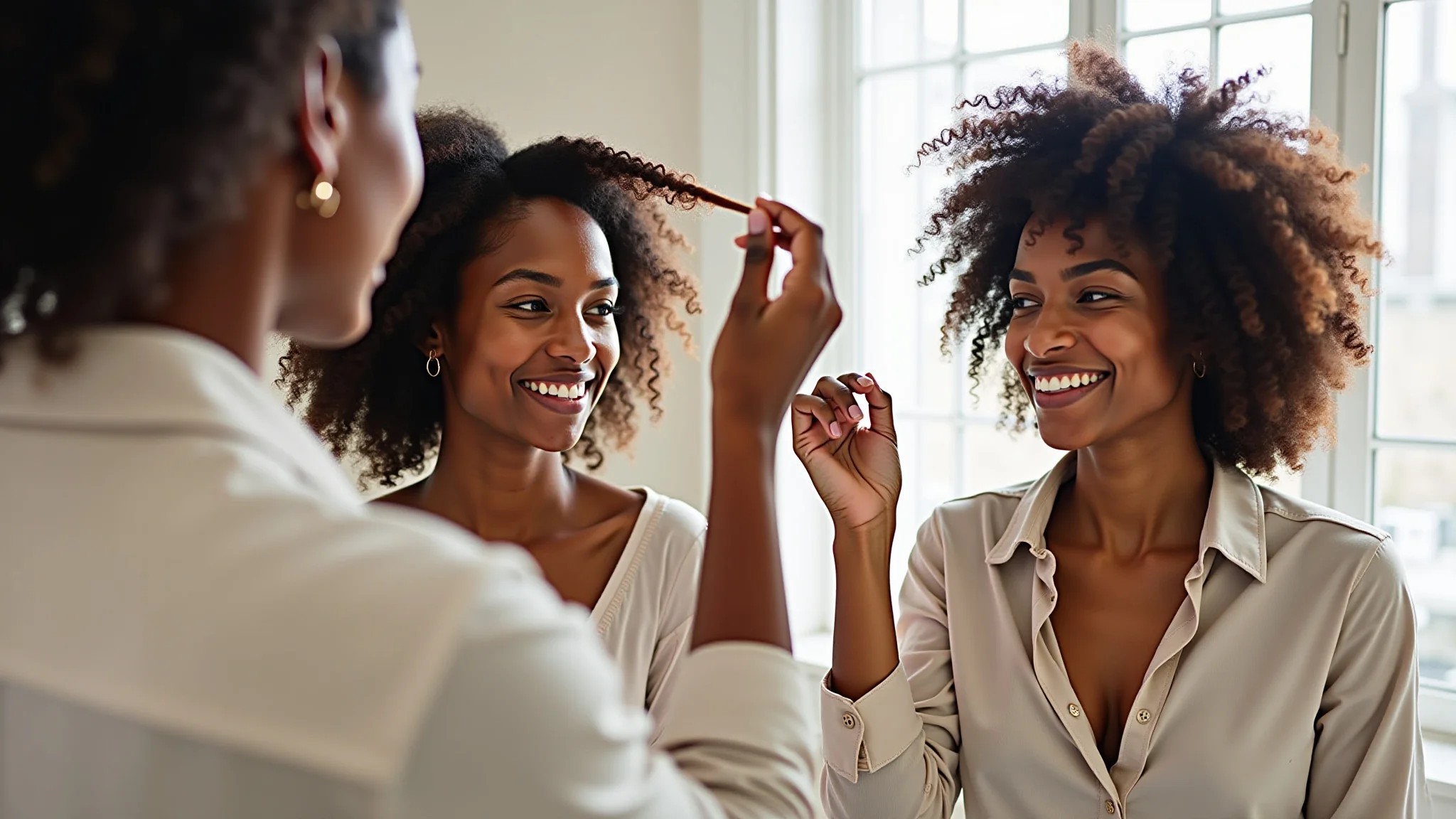 Mulheres diversas analisando fios de cabelo, teste de porosidade capilar.
