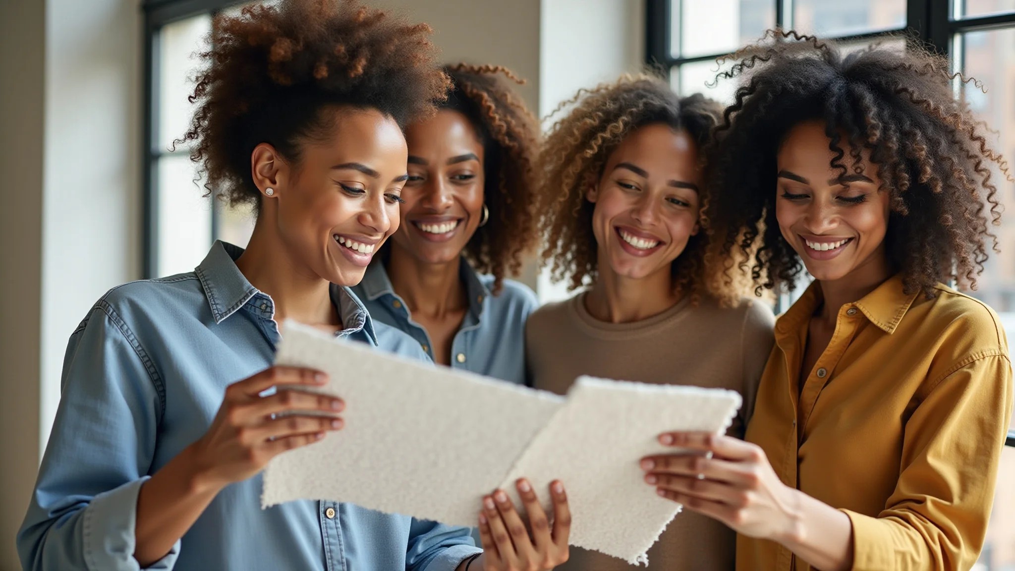 Mulheres diversas examinando amostras de tecidos sustentáveis em um ambiente bem iluminado.