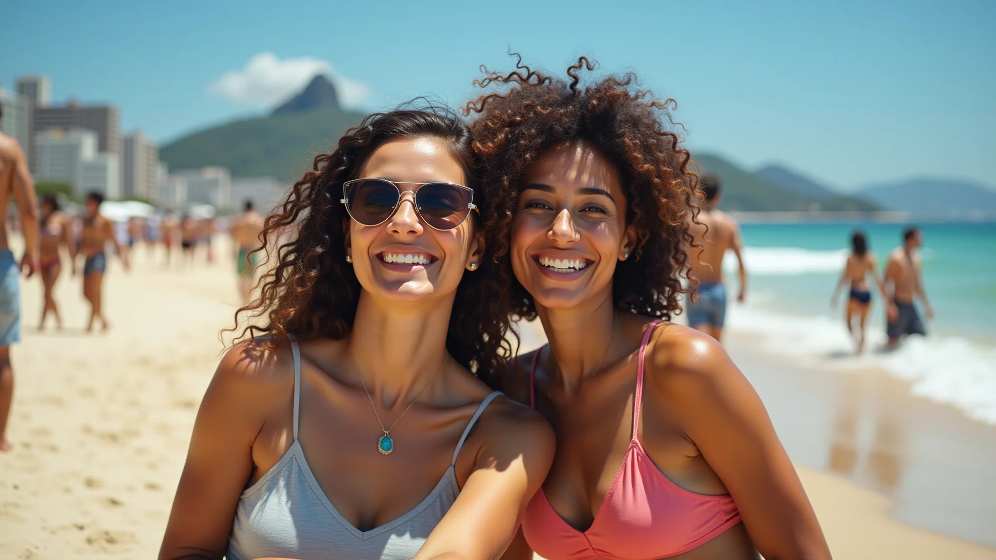 Mulheres diversas relaxando na praia de Copacabana, Rio de Janeiro, em um ambiente seguro e ensolarado.