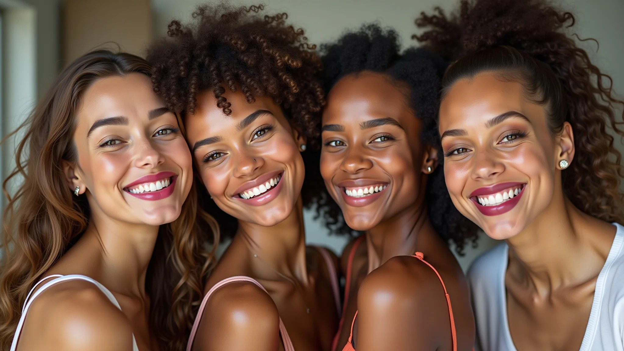 Mulheres diversas sorrindo, exibindo diferentes tons de batom matte.