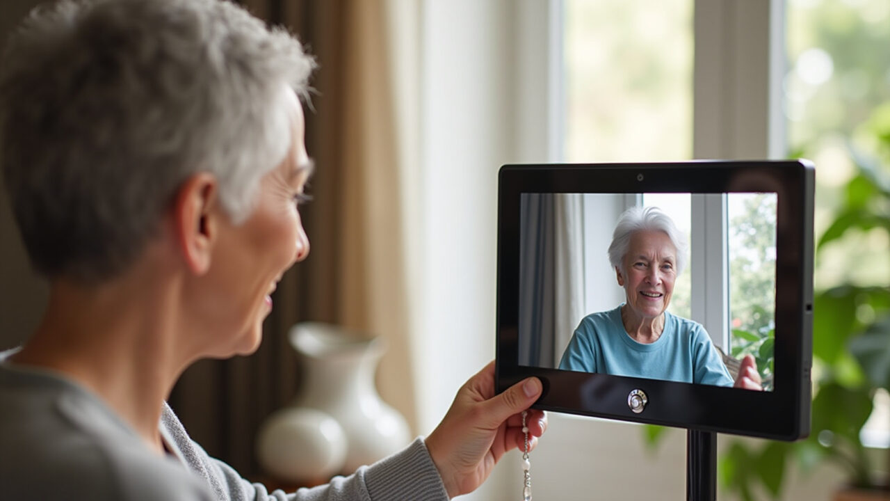 Idosa usando vídeo porteiro fácil de usar em casa.