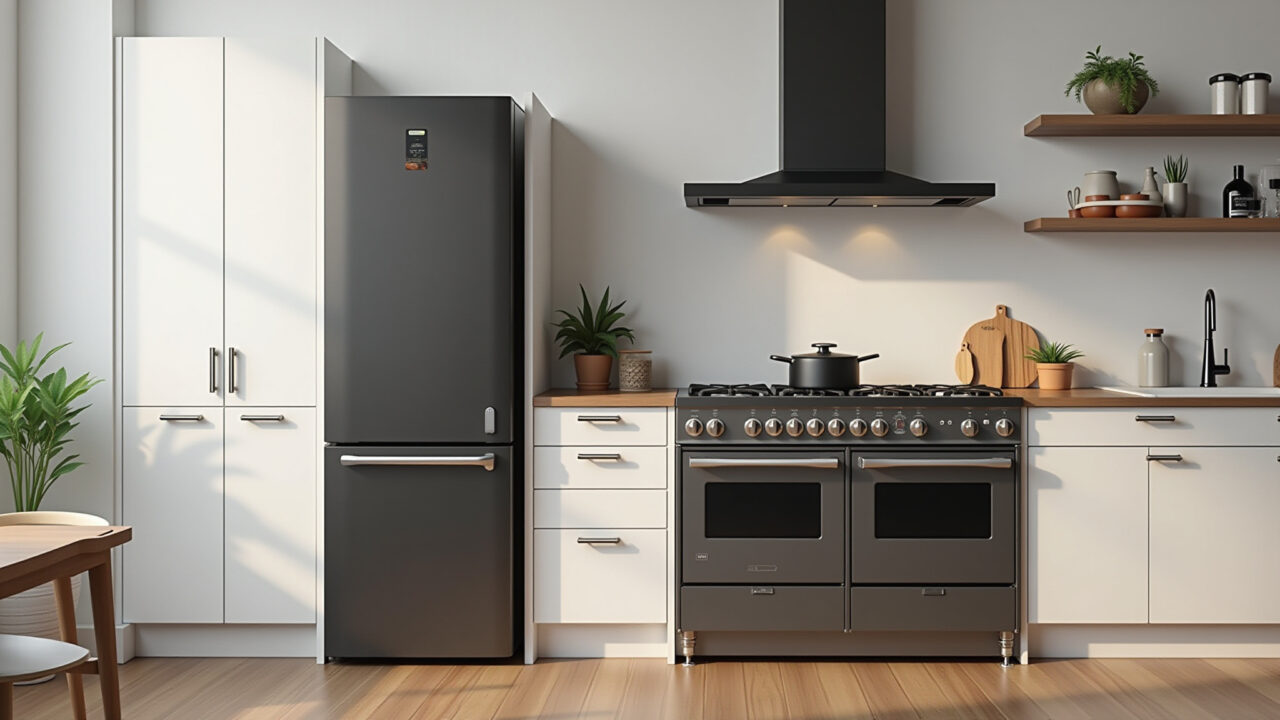 Eletrodomésticos de cozinha eficientes e modernos com selo de economia de energia.