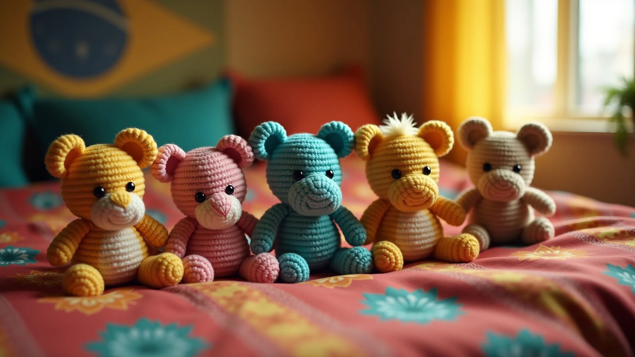 Amigurumis finalizados em cama aconchegante com tecidos brasileiros coloridos.
