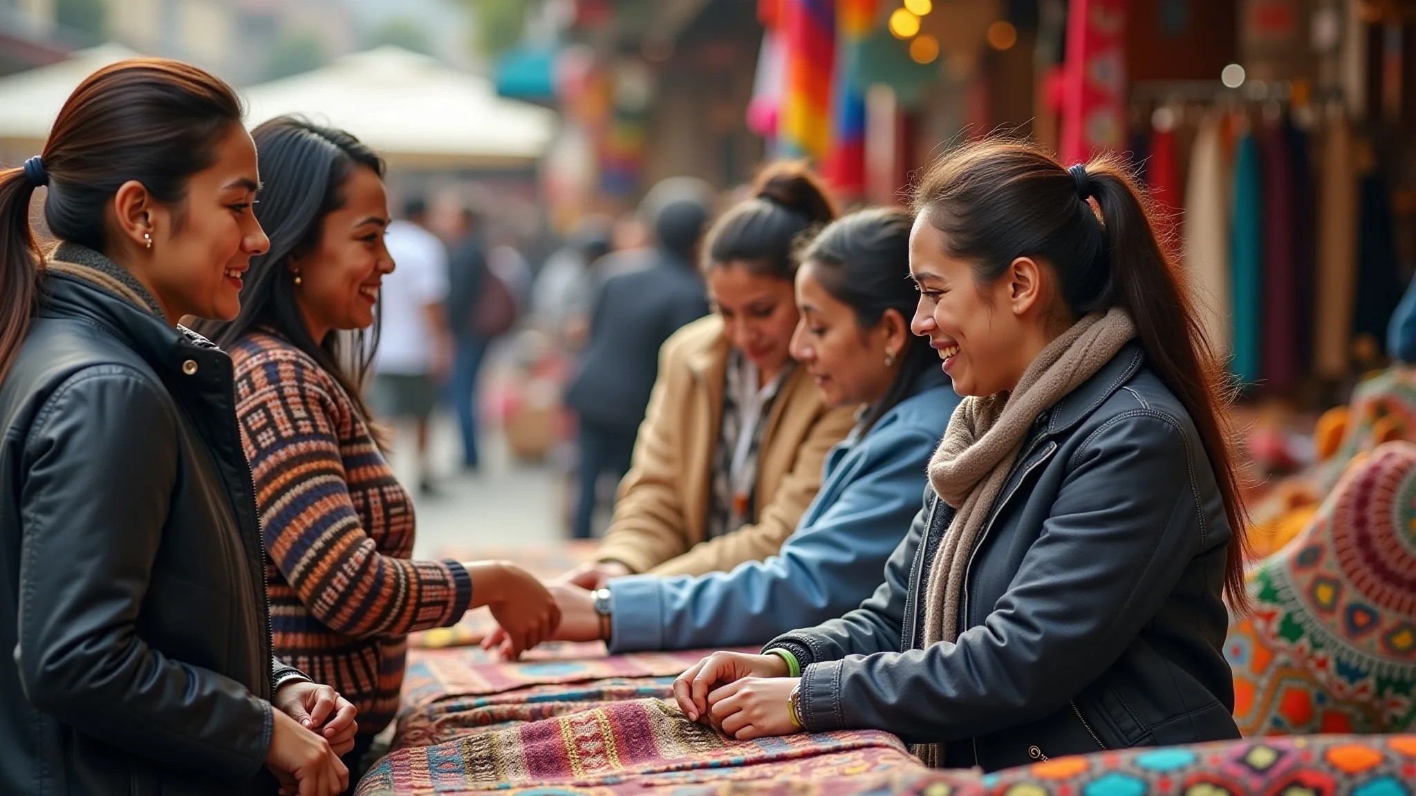 Amigas comprando artesanato no Mercado Central em Santiago.