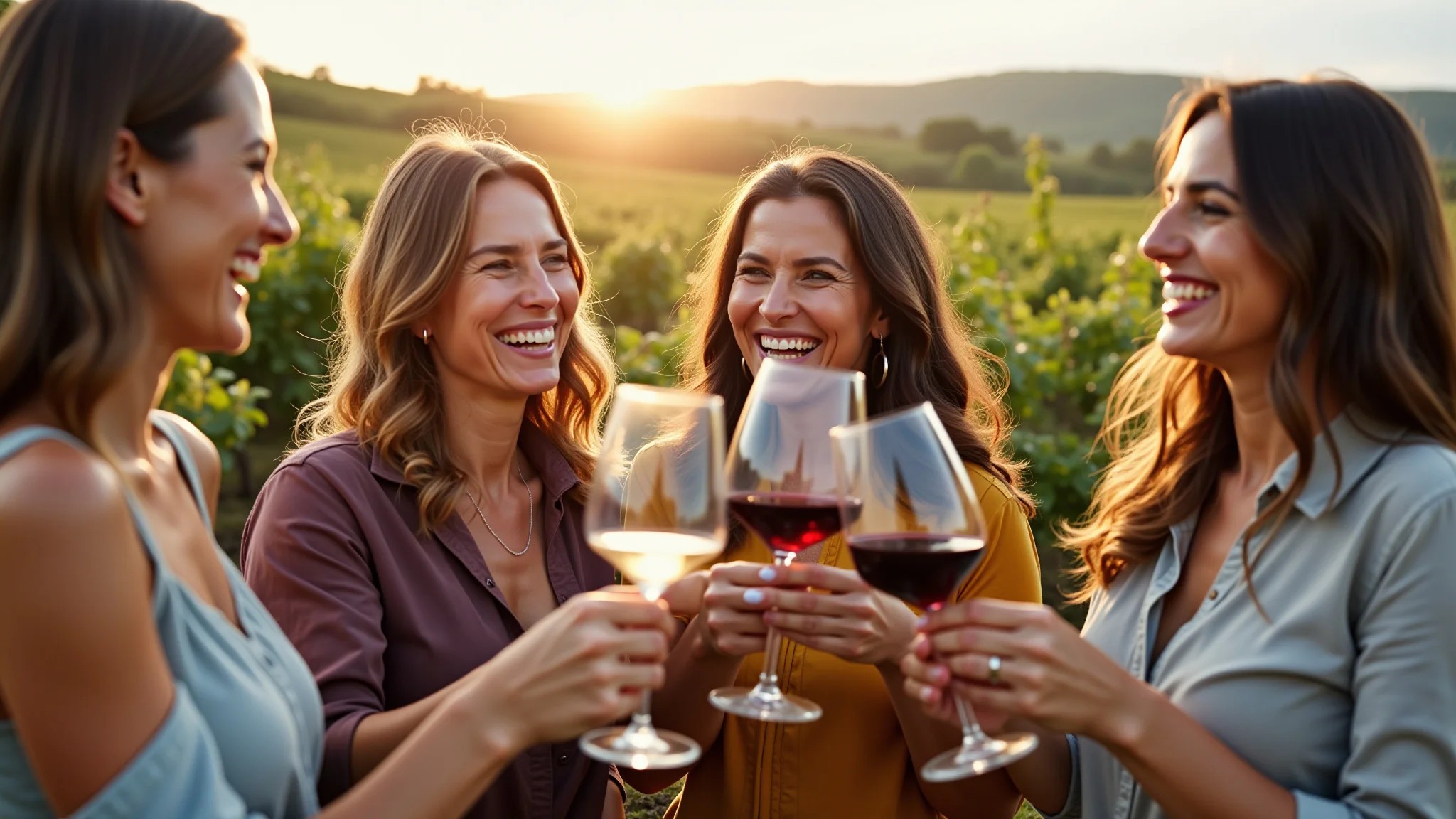 Amigas brindando com vinho em vinícola boutique em Santiago, Chile.