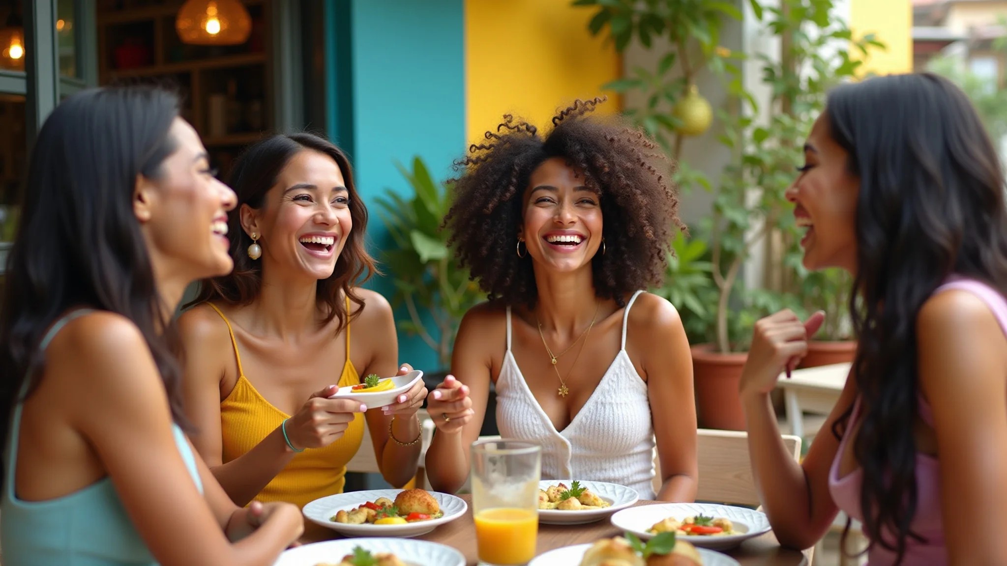 Quatro amigas brasileiras em brunch casual chic, rindo e aproveitando um dia ensolarado.