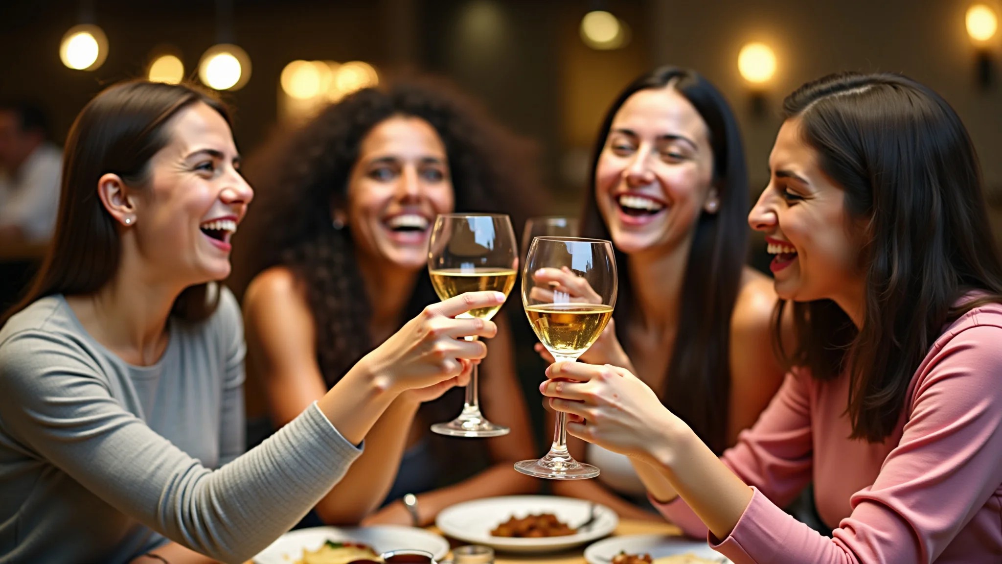 Amigas brindando com vinho em restaurante de fondue em Gramado.